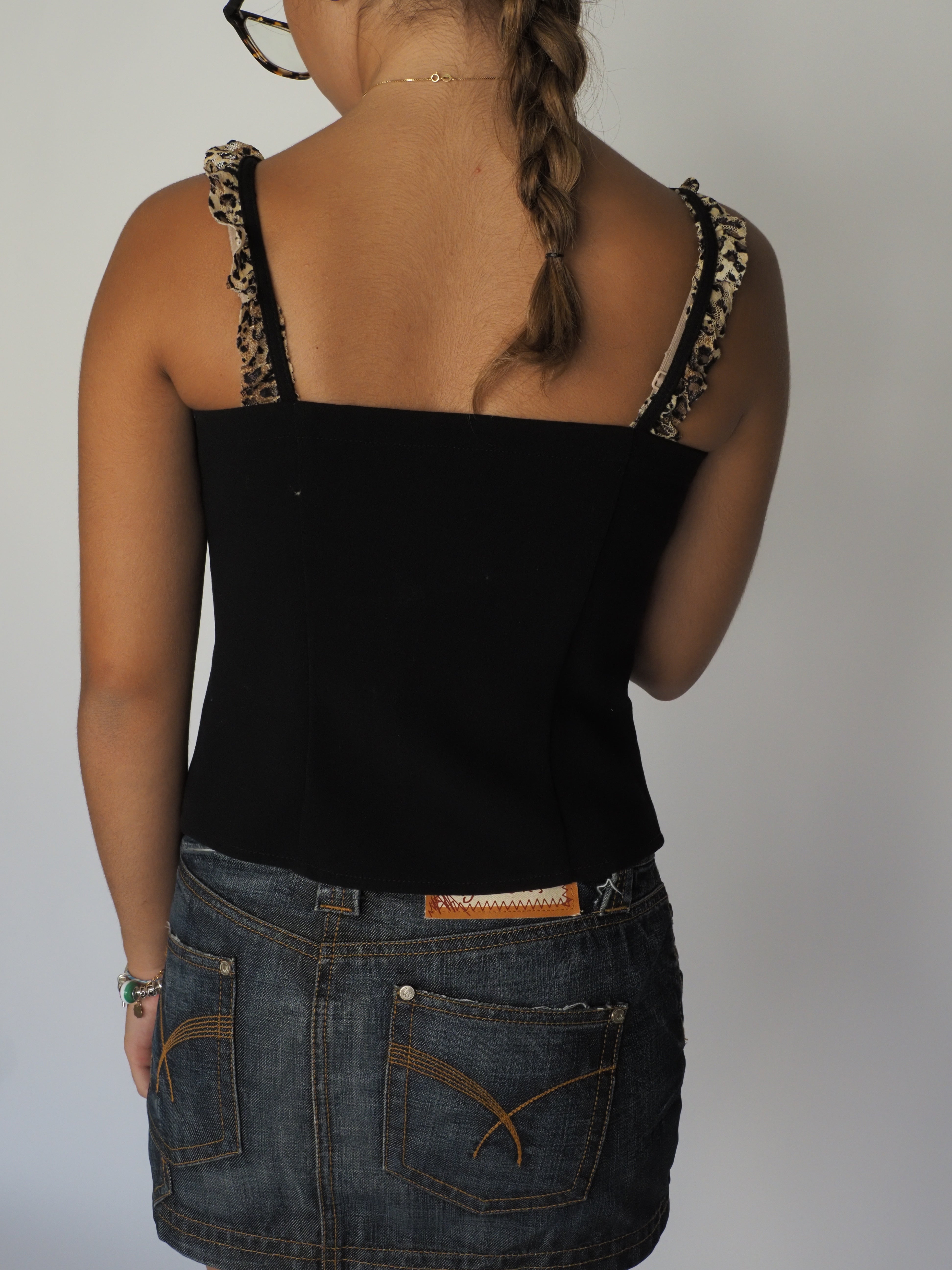 Y2K Black Zip-Up Corset Top with Leopard Trim – Elisalandri