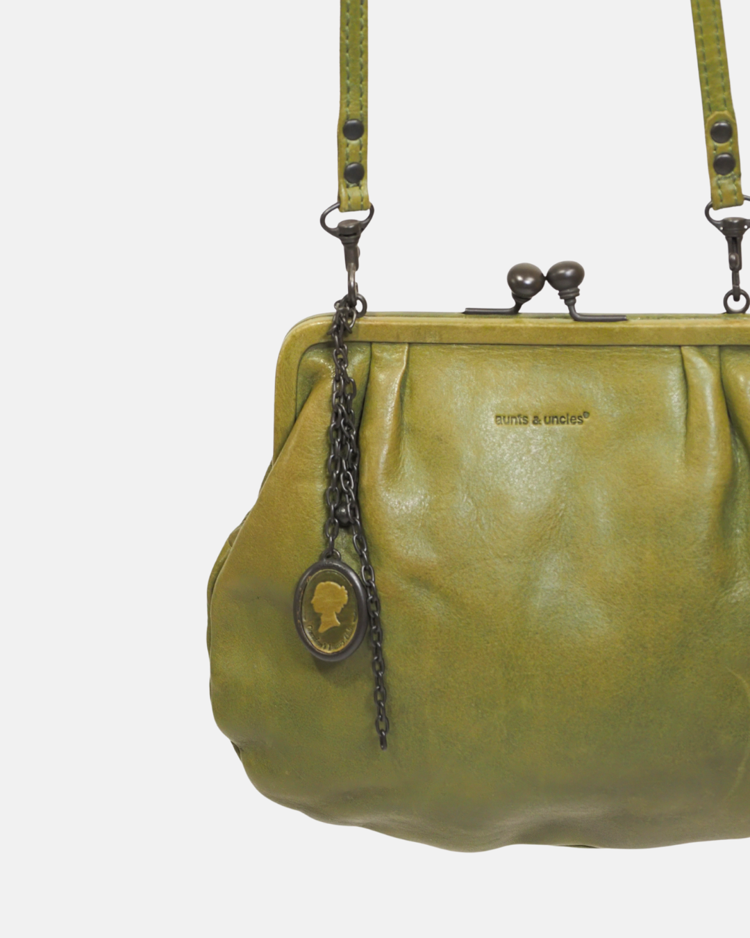aunts & uncles Olive Green Leather Kiss-Lock Crossbody Bag