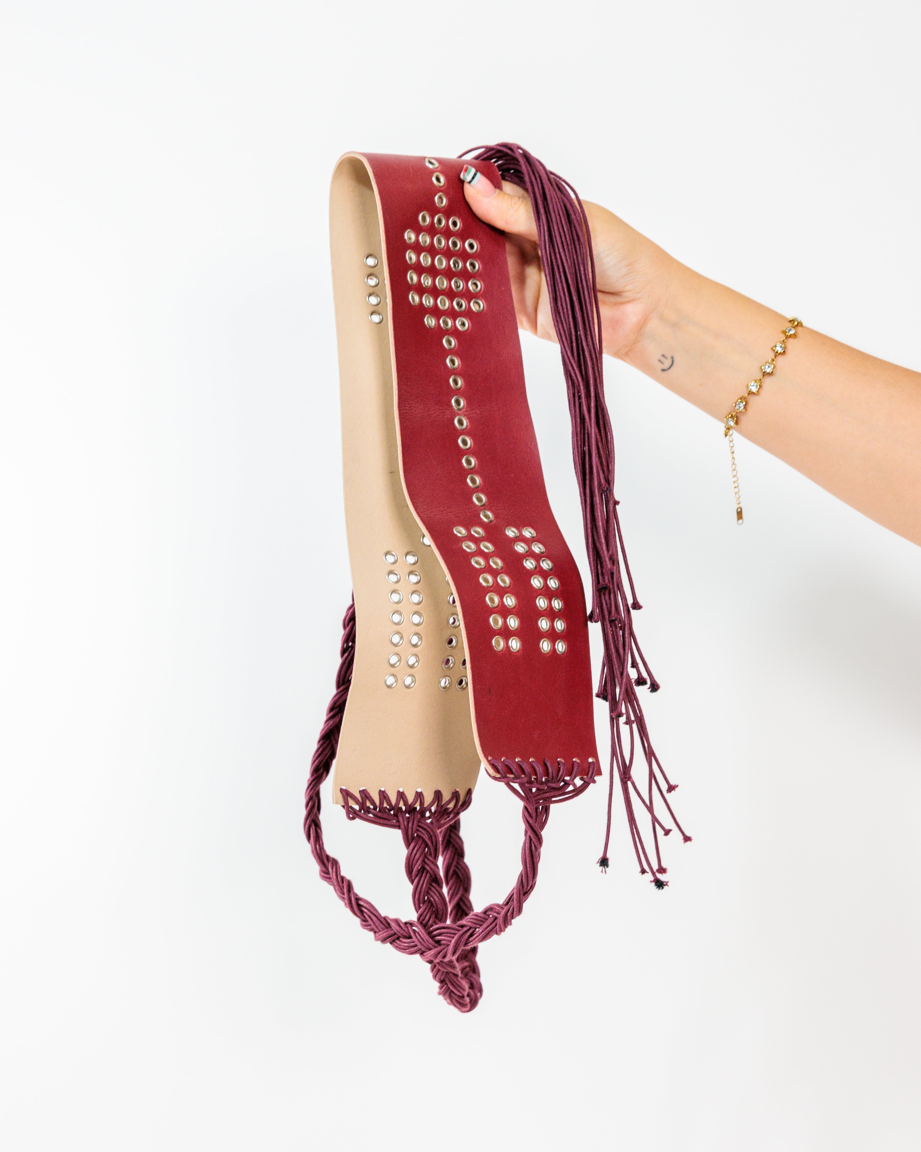 Burgundy Studded Fringe Wrap Belt