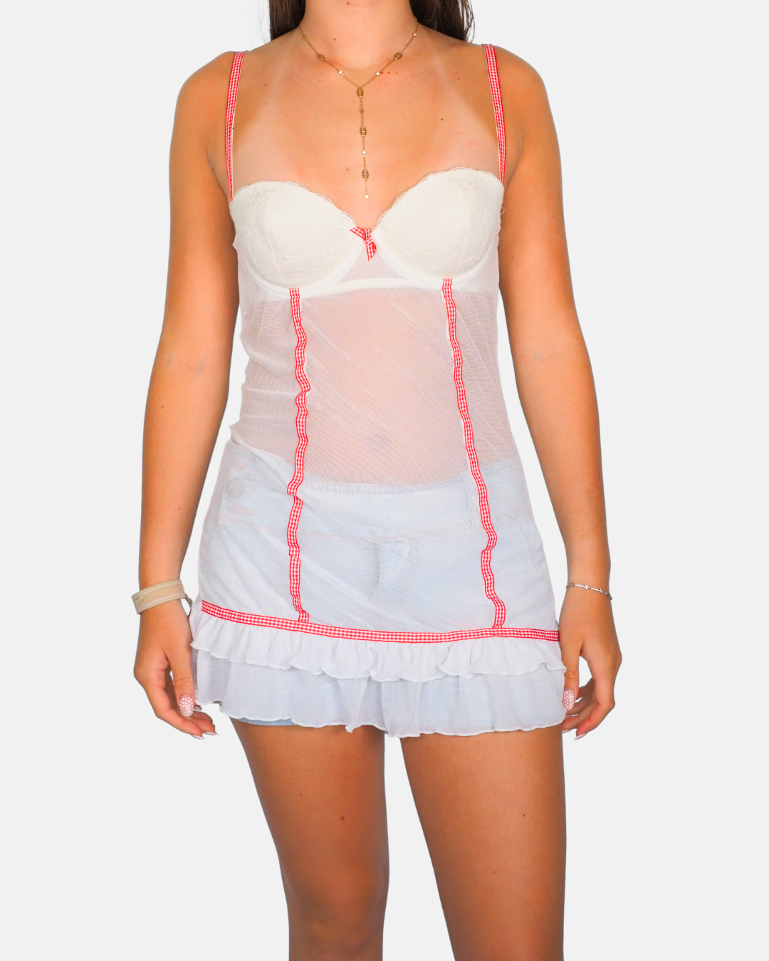 White & Red Gingham Mesh Babydoll Dress