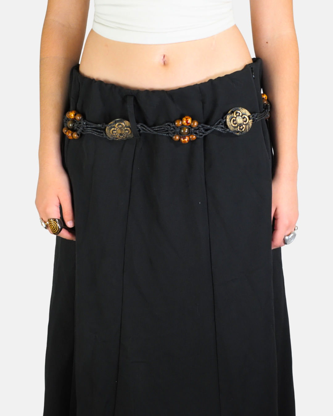 Black Maxi Skirt With Beaded Medallion Belt