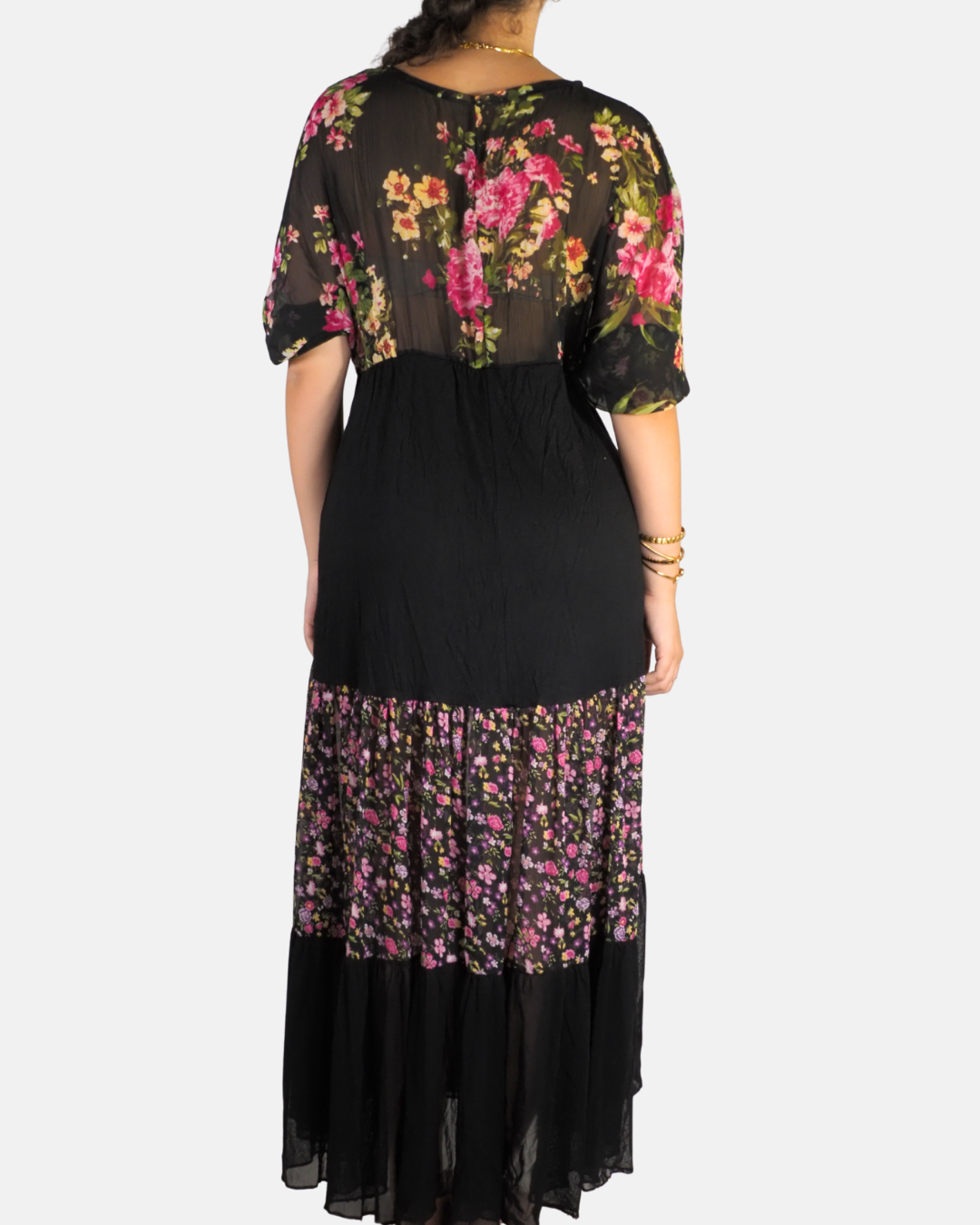 Black Floral Tiered Panel Flowy Sheer Maxi Dress