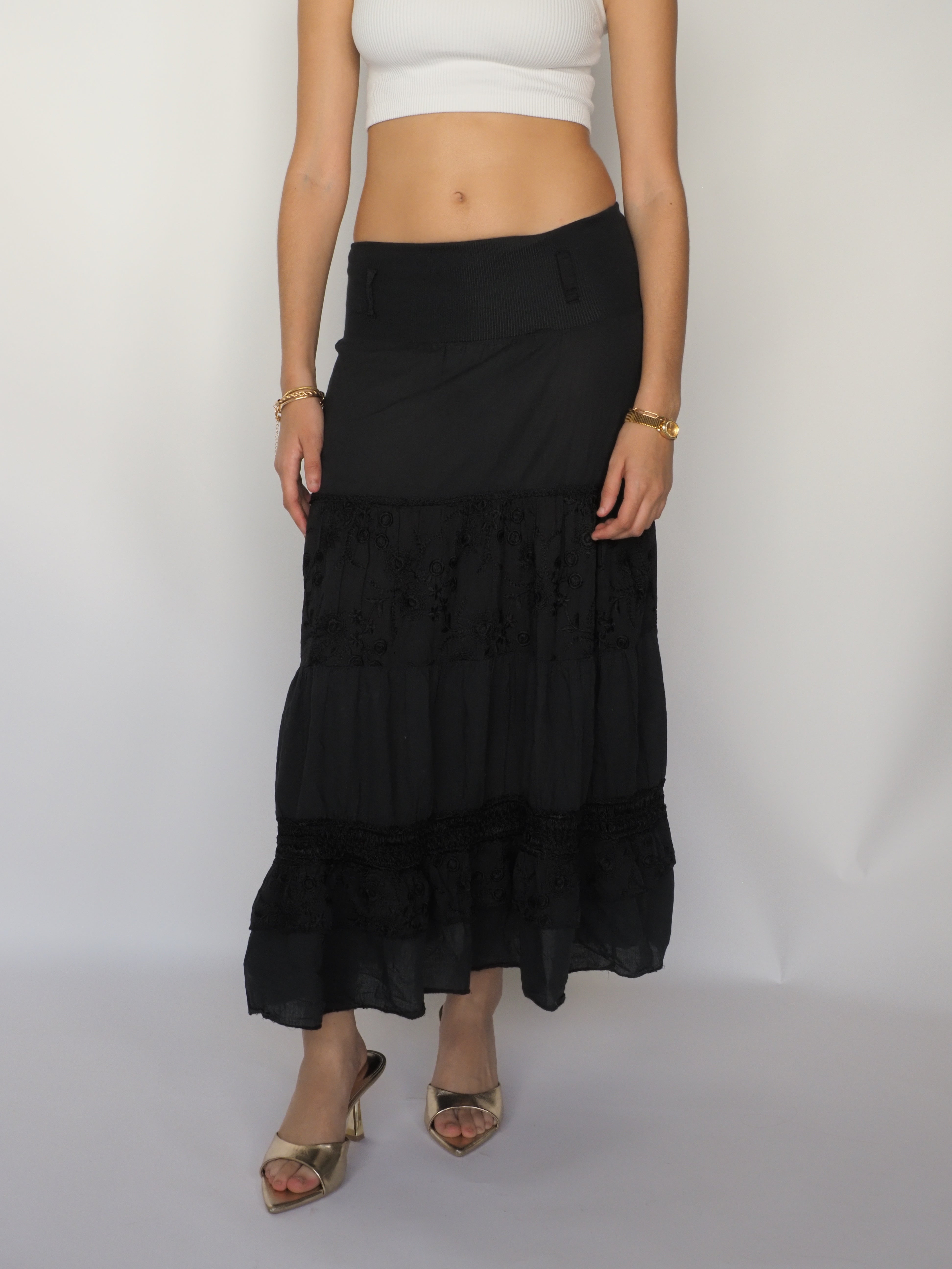 Black Tiered Boho Maxi Skirt with Crochet Detail