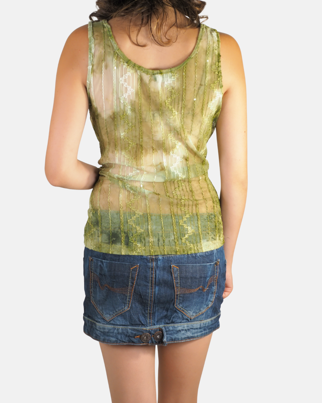 Olive Green Sheer Embellished Mesh Top - KIST