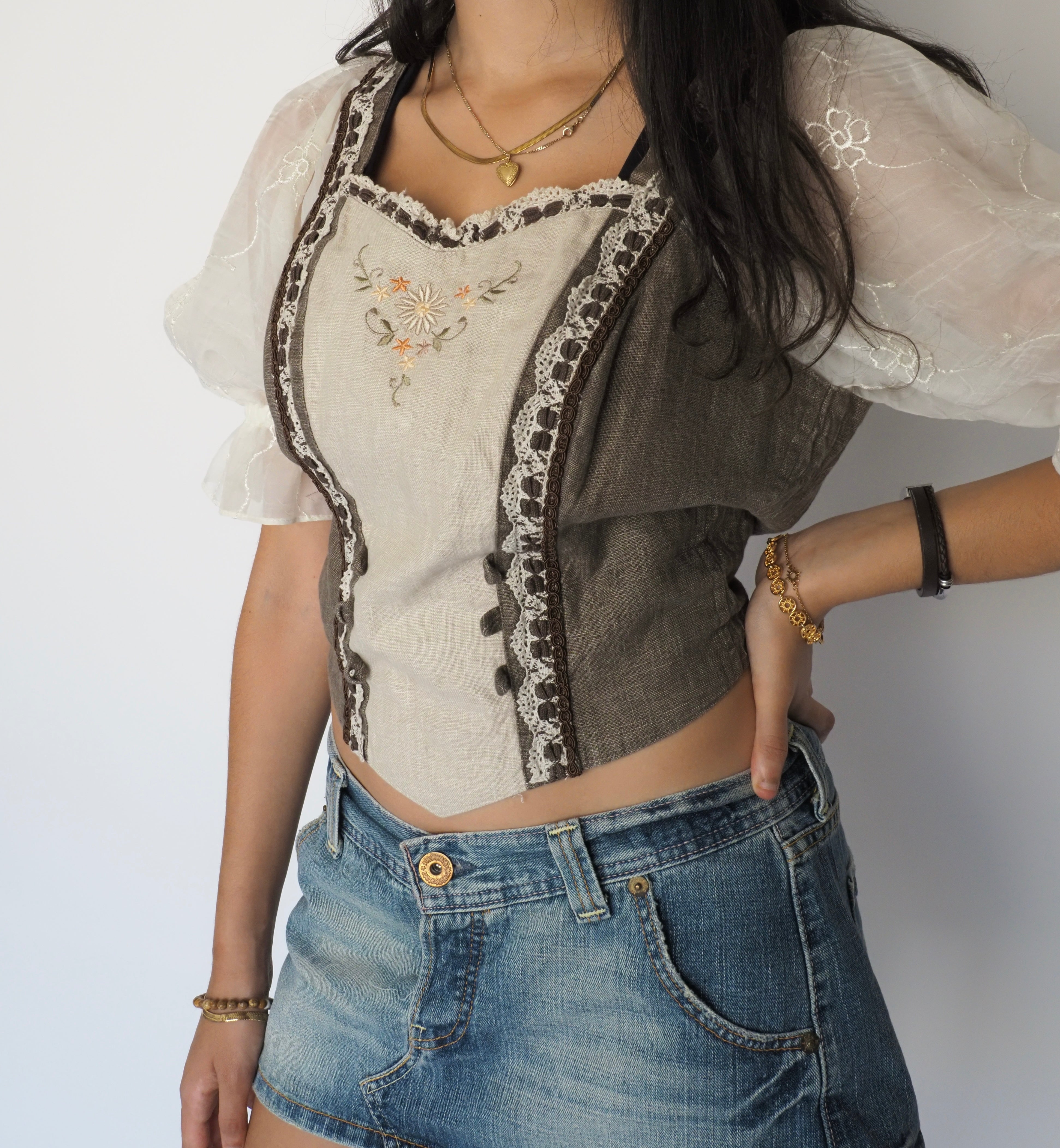Vintage Cottagecore Puff-Sleeve Dirndl-Inspired Corset Blouse