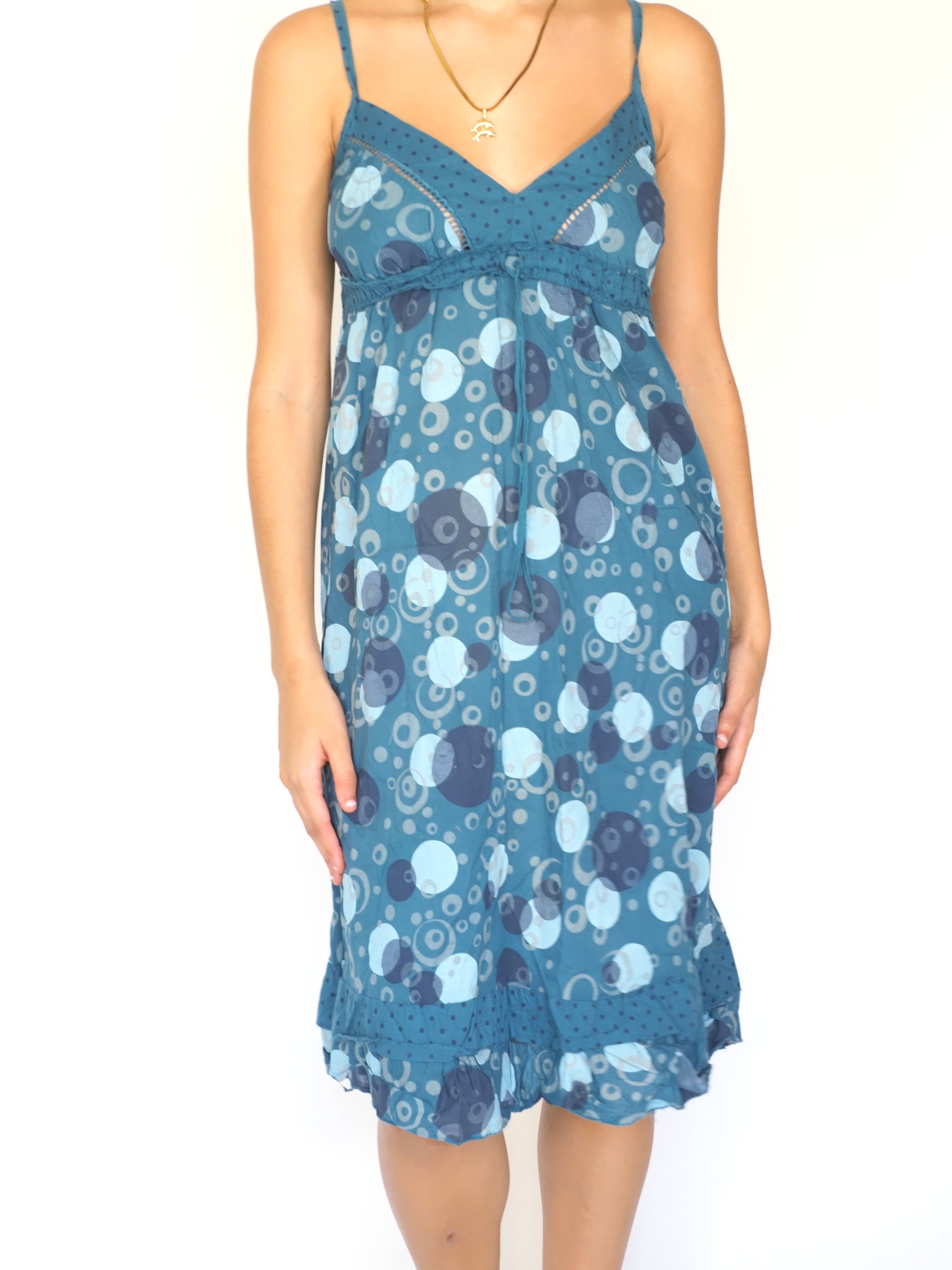 Y2K Teal Polka Dot Empire Line Dress