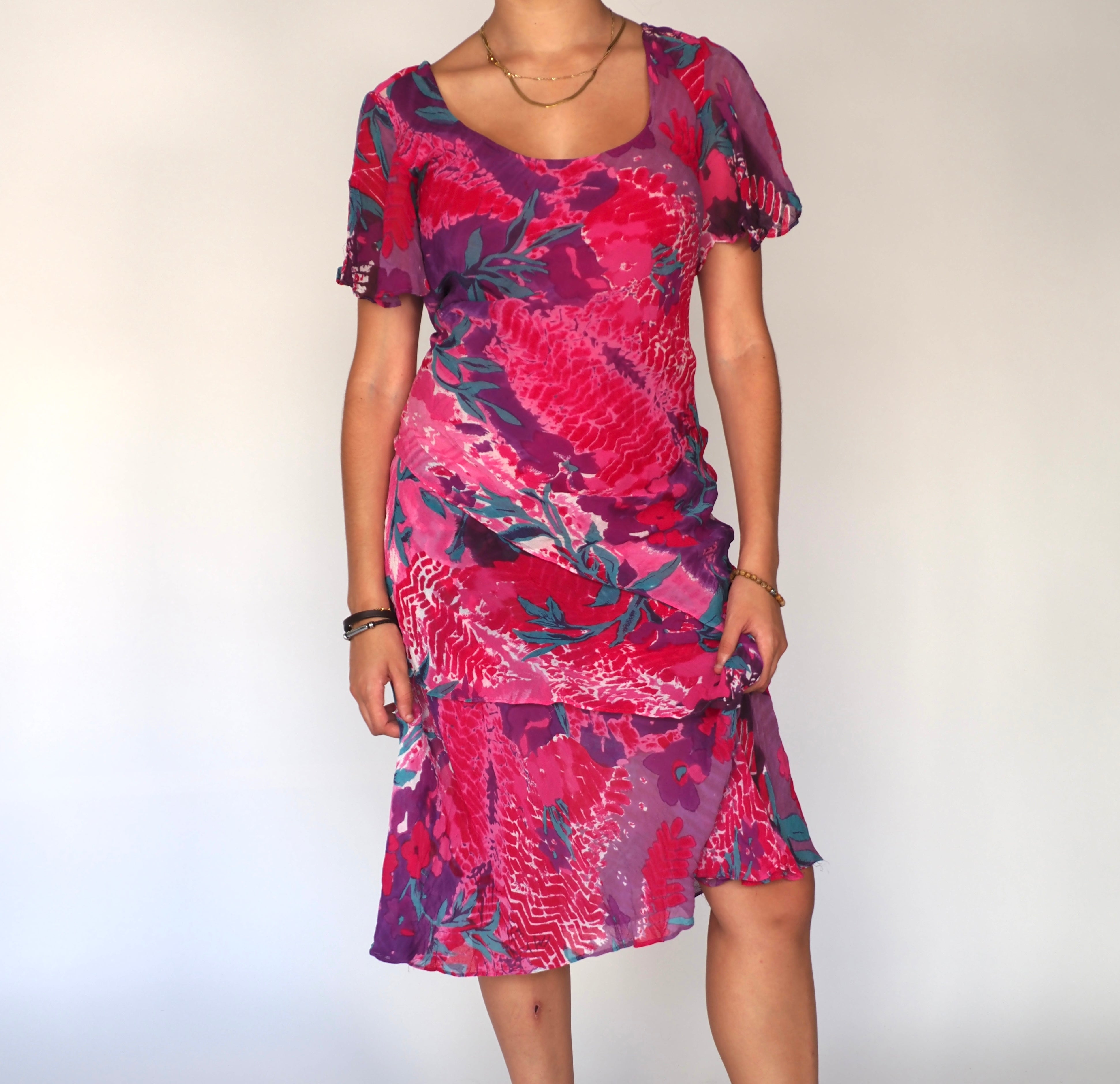 Phool Sheer Watercolour Floral Midi Dress with Flutter Sleeves