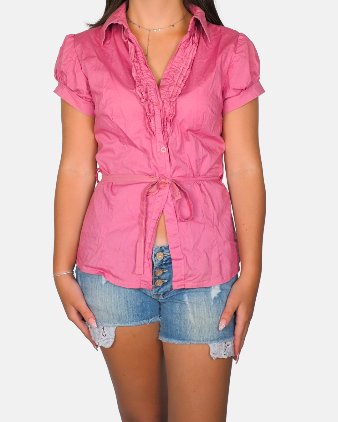 Pink Ruffle Tie-Waist Blouse
