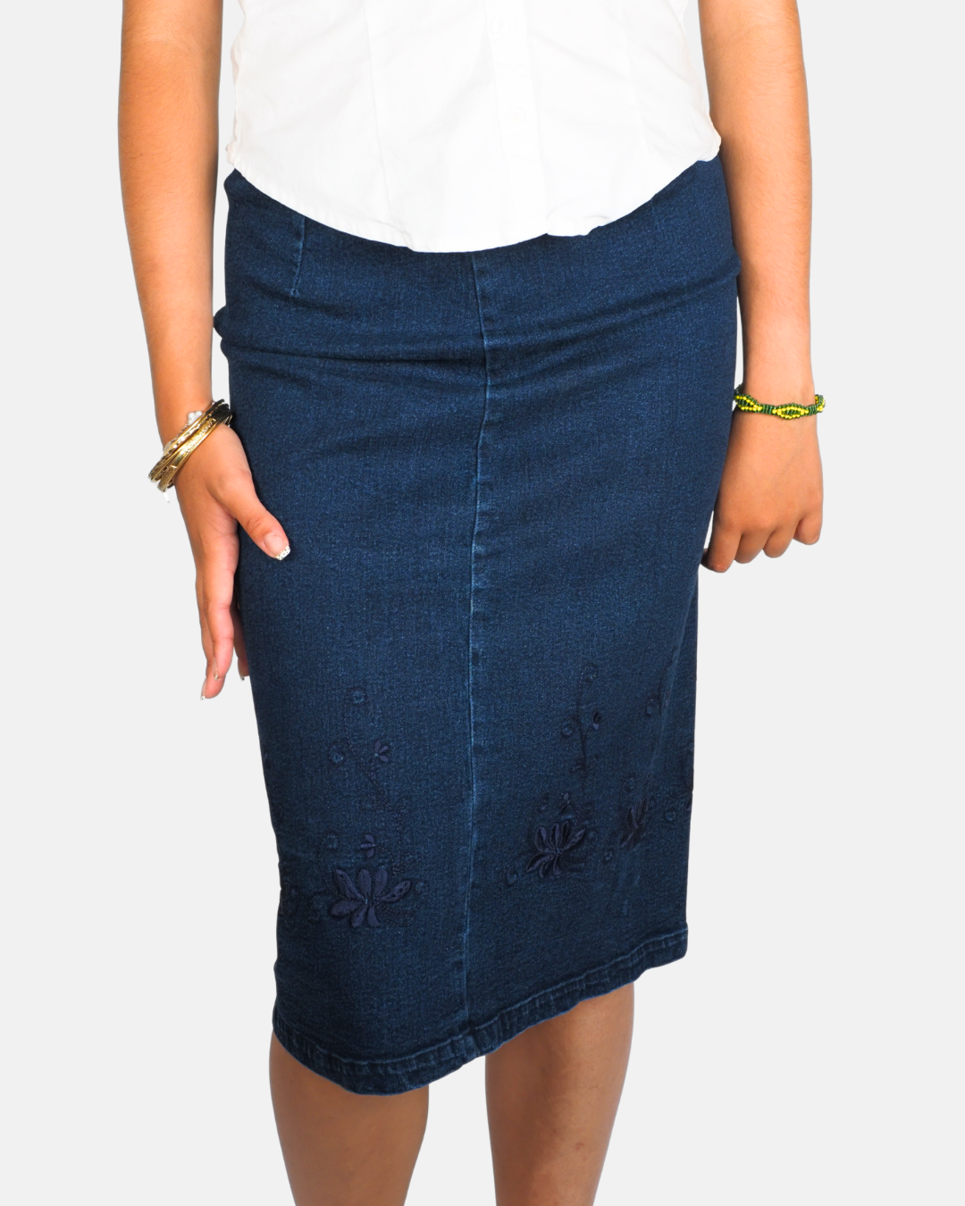Dark Wash Embroidered Denim Midi Skirt by Stilonoir