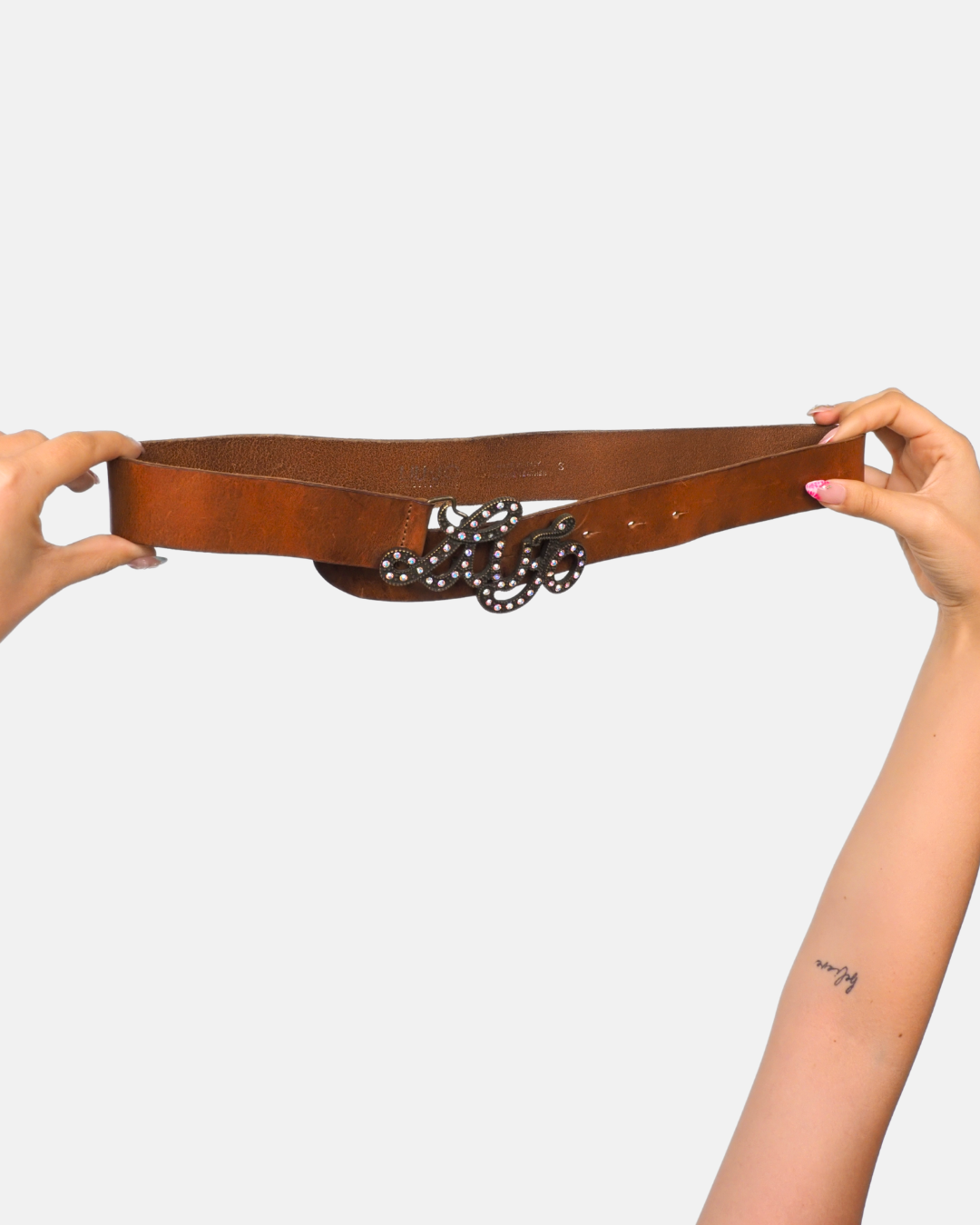 Studded Denim Blue Leather Belt with Antique Brass Buckle
