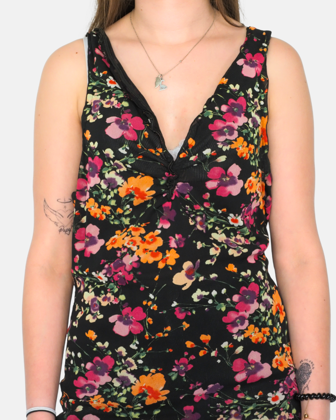 Donna & Donna Black Floral Ruched Y2K Tank Top