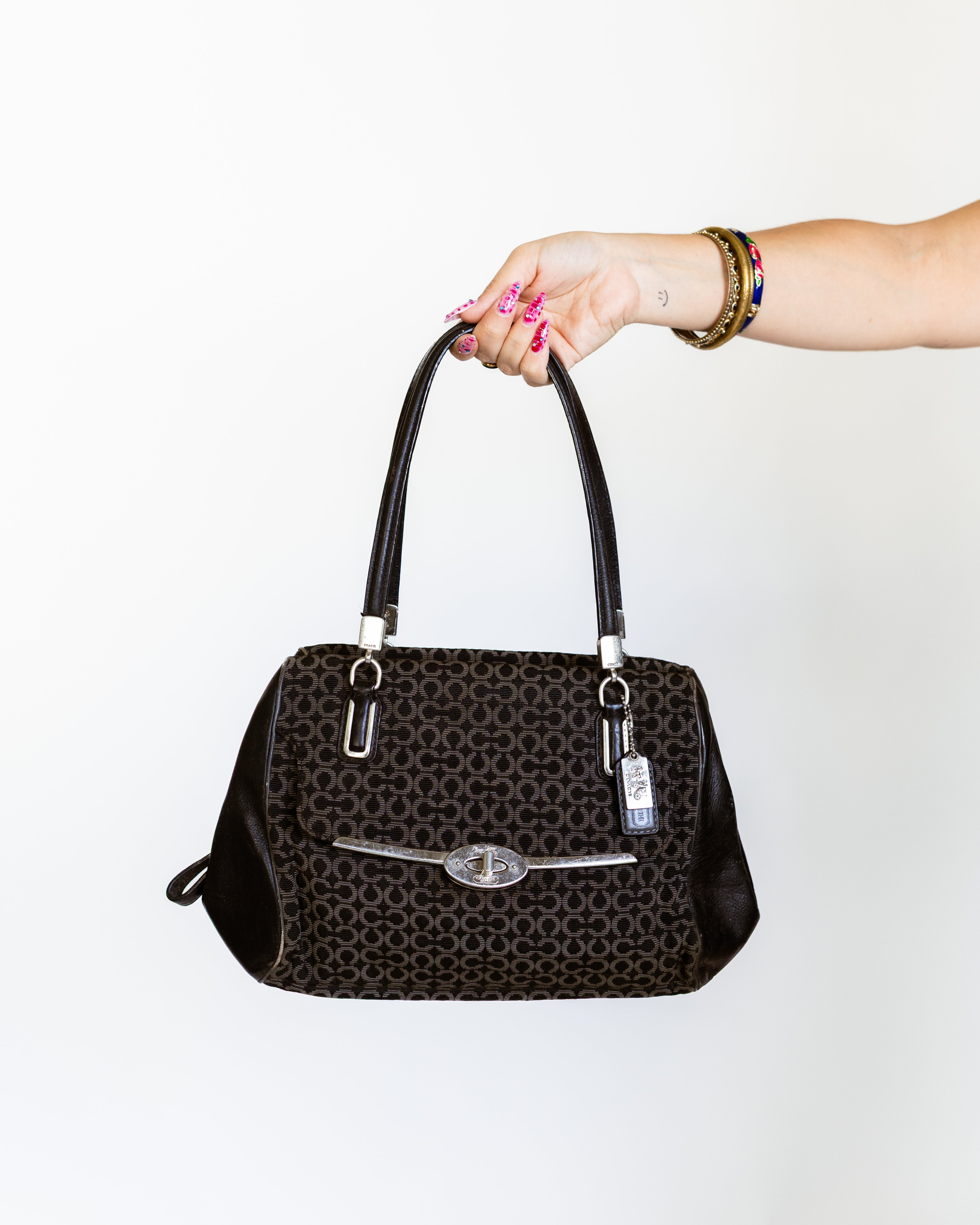 Coach Signature Dome Satchel in Black Jacquard with Teal Lining