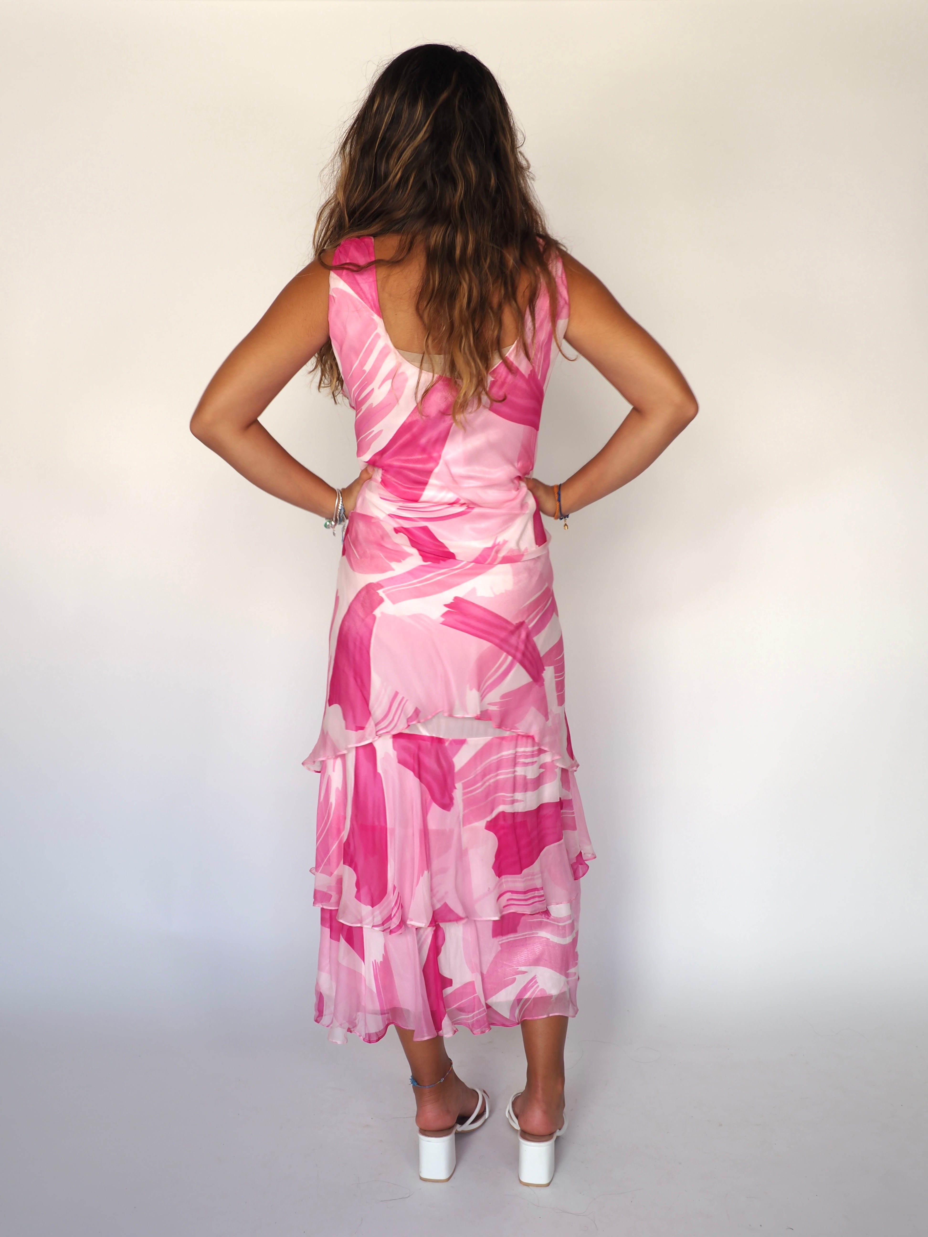 Cattiva Pink Tiered Ruffle Maxi Dress With Paint-Like Print
