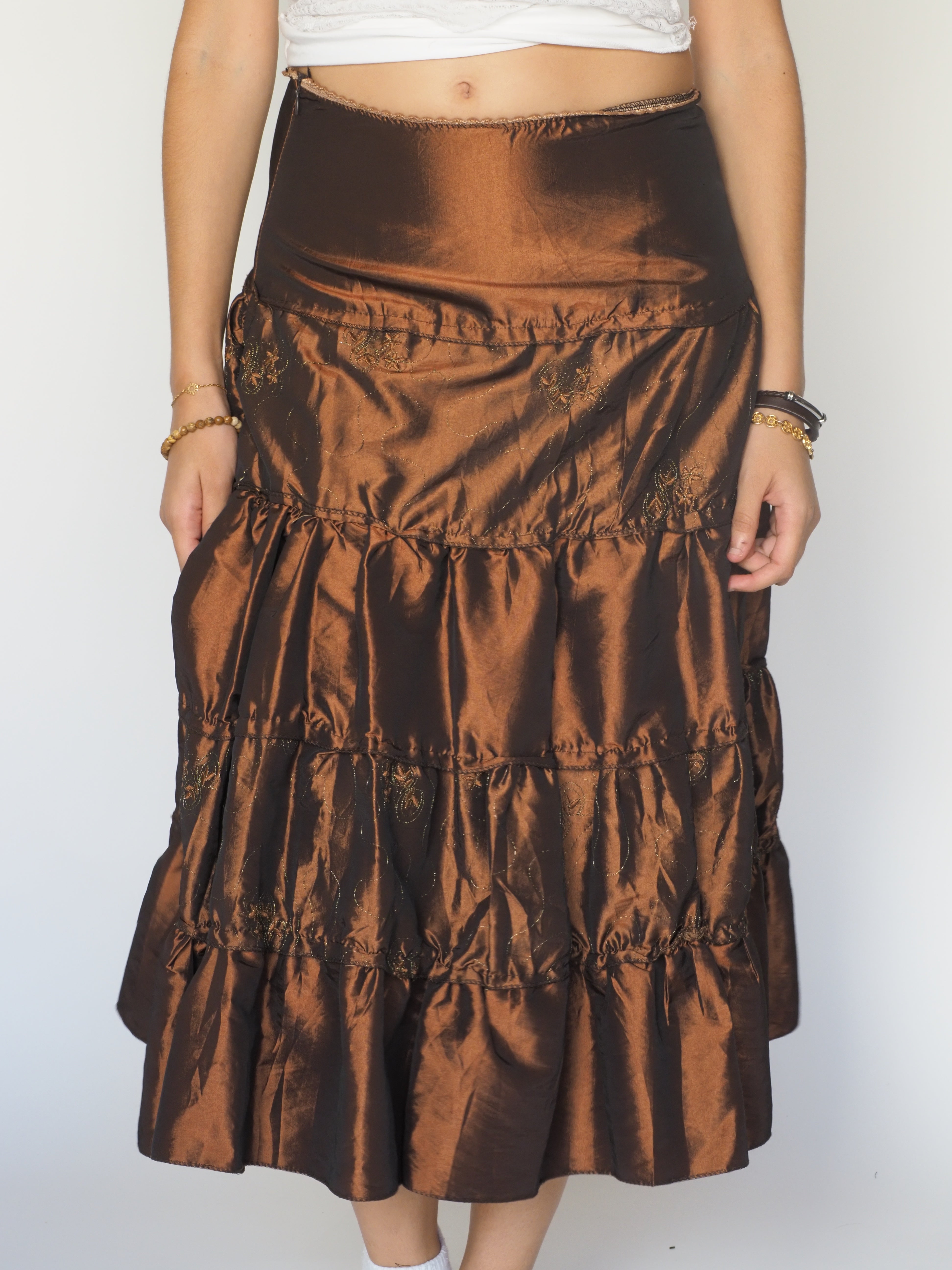 Chocolate Brown Embroidered Tiered Maxi Skirt – Extrose