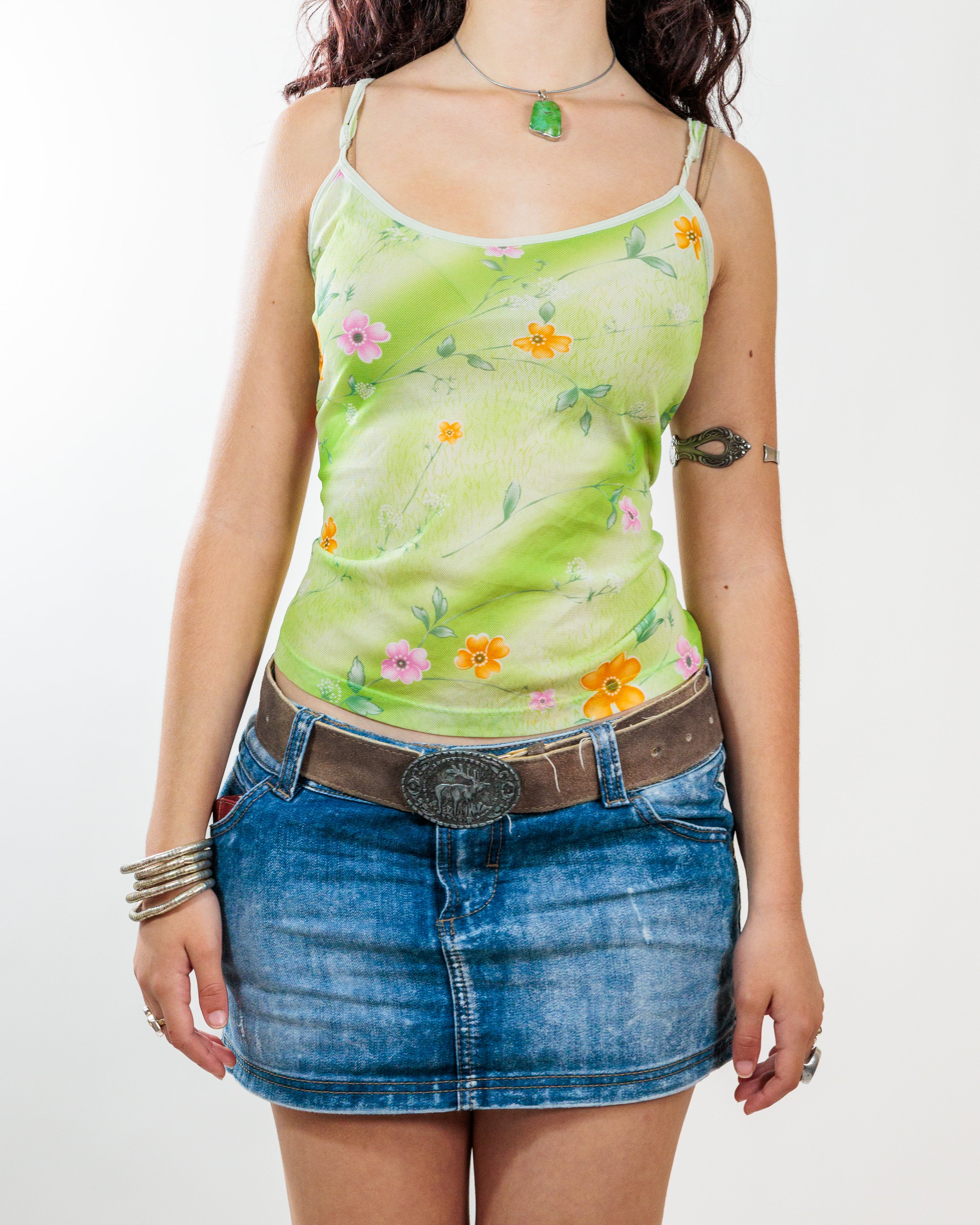 Lime Green Floral Mesh Camisole