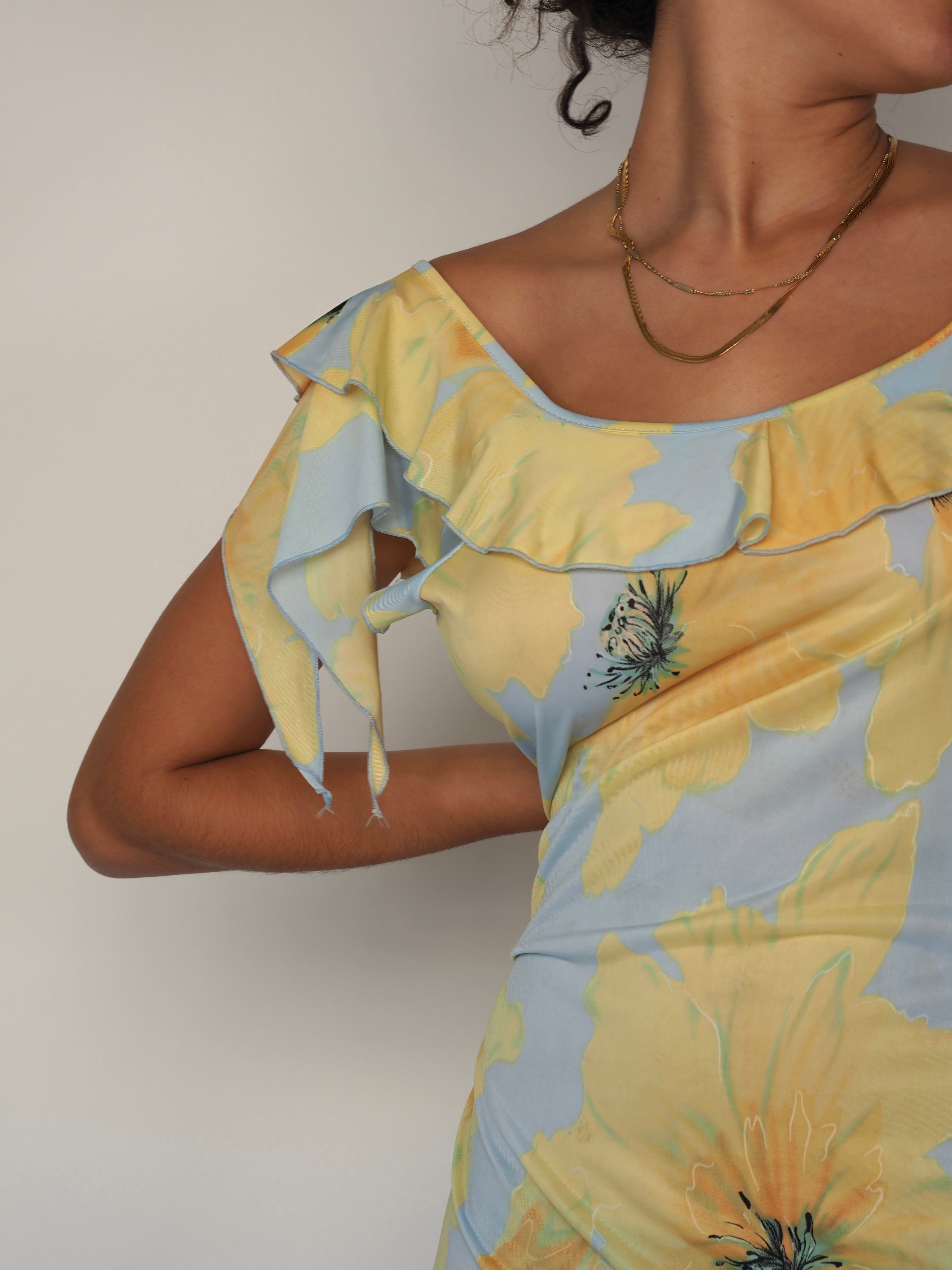 Azure Blossom” Ruffle-Shoulder Asymmetric-Hem Midi
