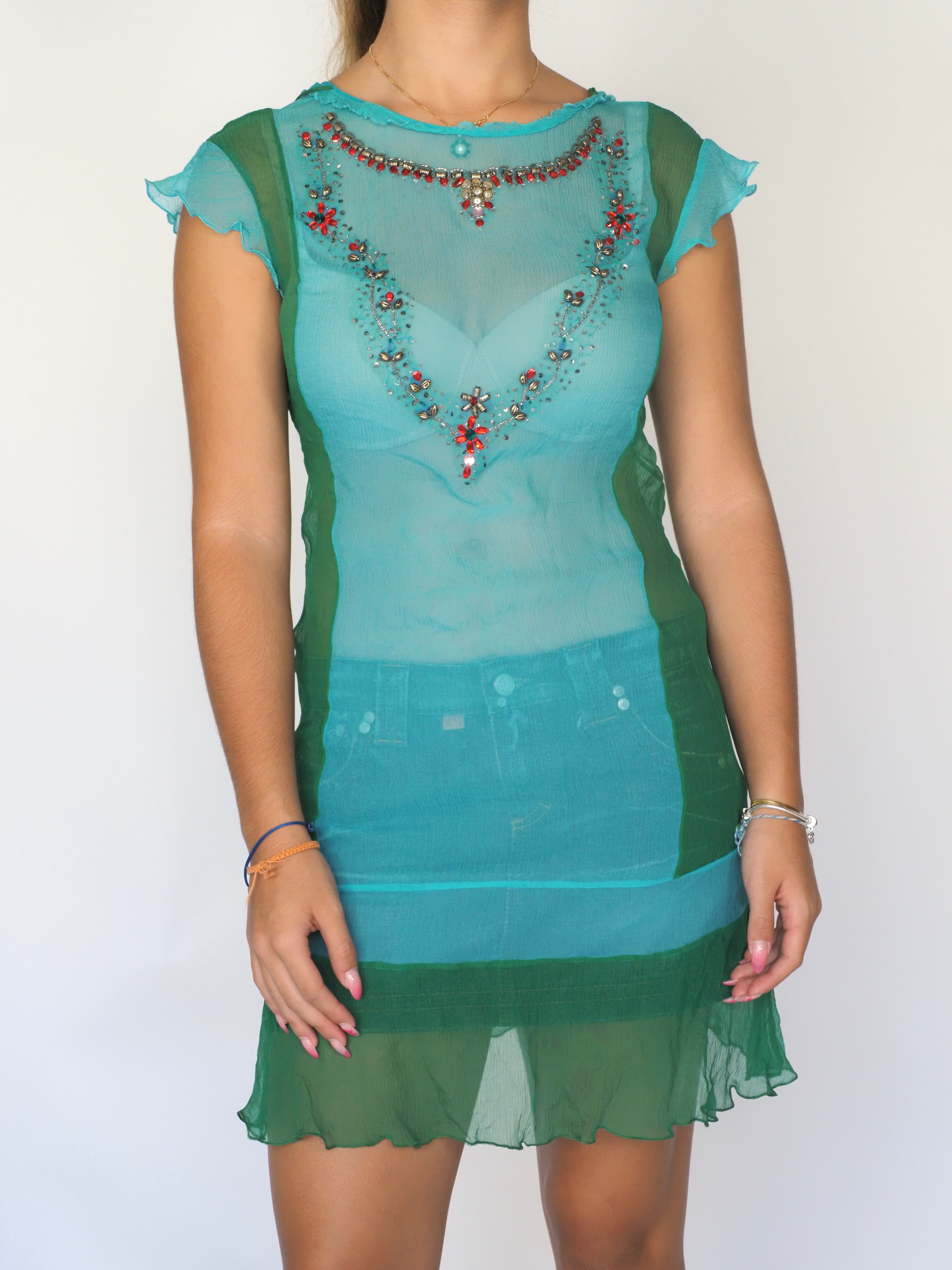 Sheer Green & Turquoise Embellished Mini Dress – Philosophy di Alberta Ferretti