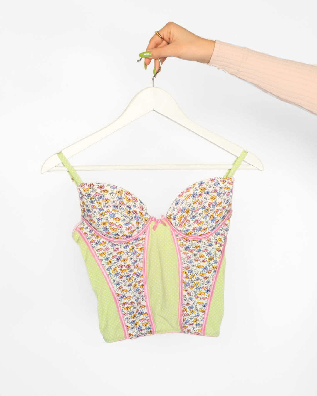 Y2K Floral Corset Top in Pastel Green & Pink