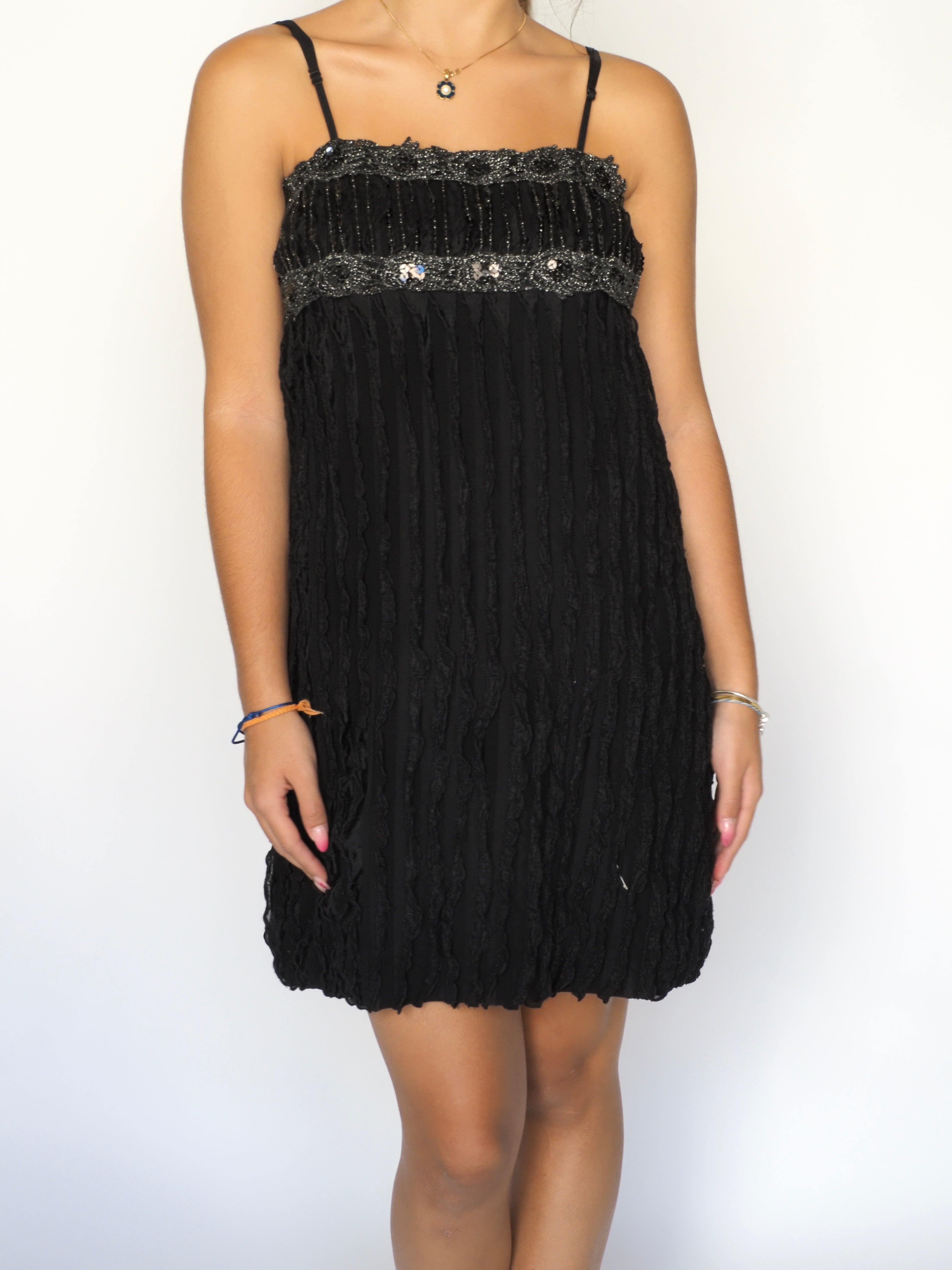 Black Crinkle Mini Dress with Beaded Trim – Club L