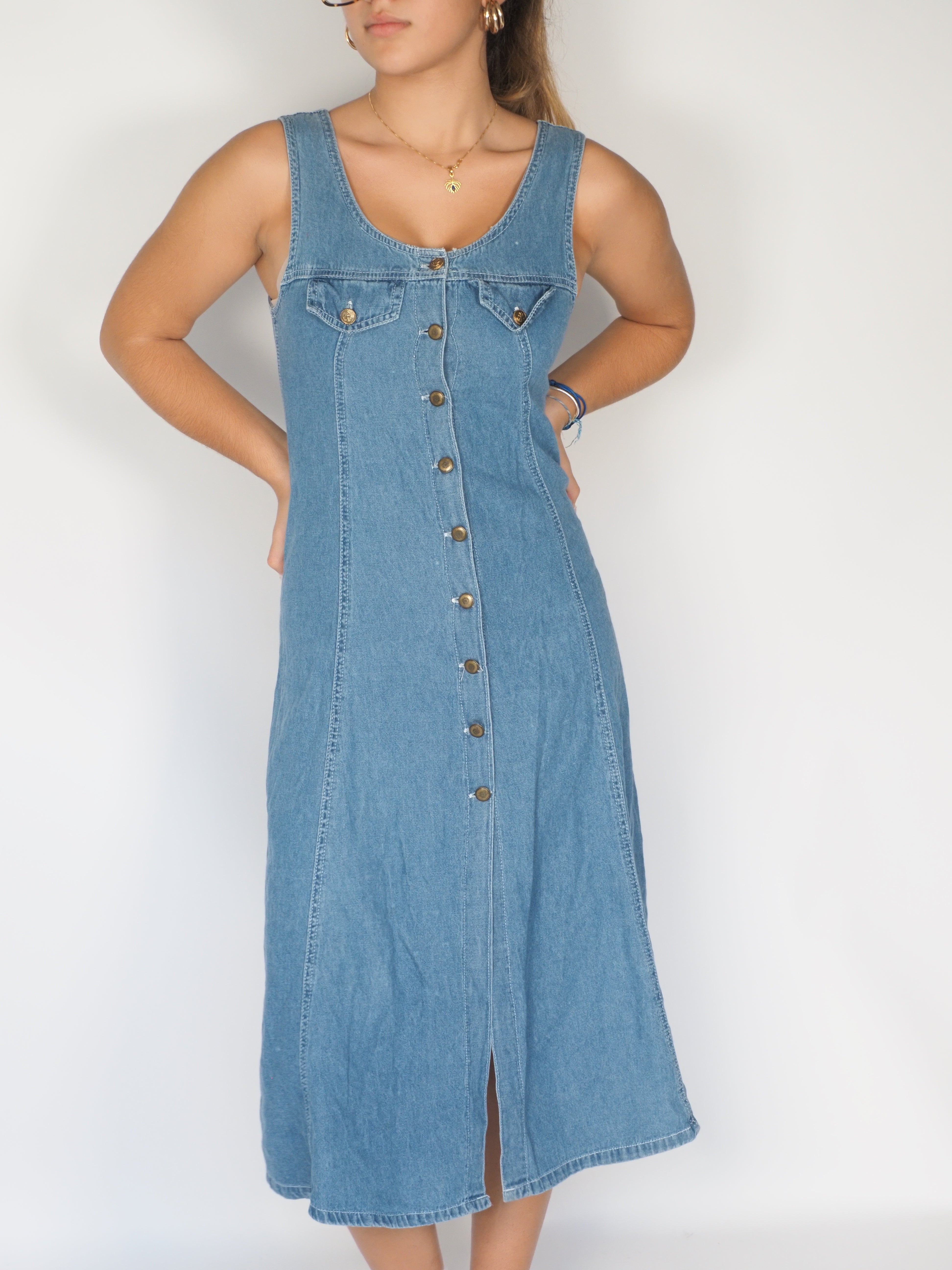 Button-Front Sleeveless Denim Midi Dress