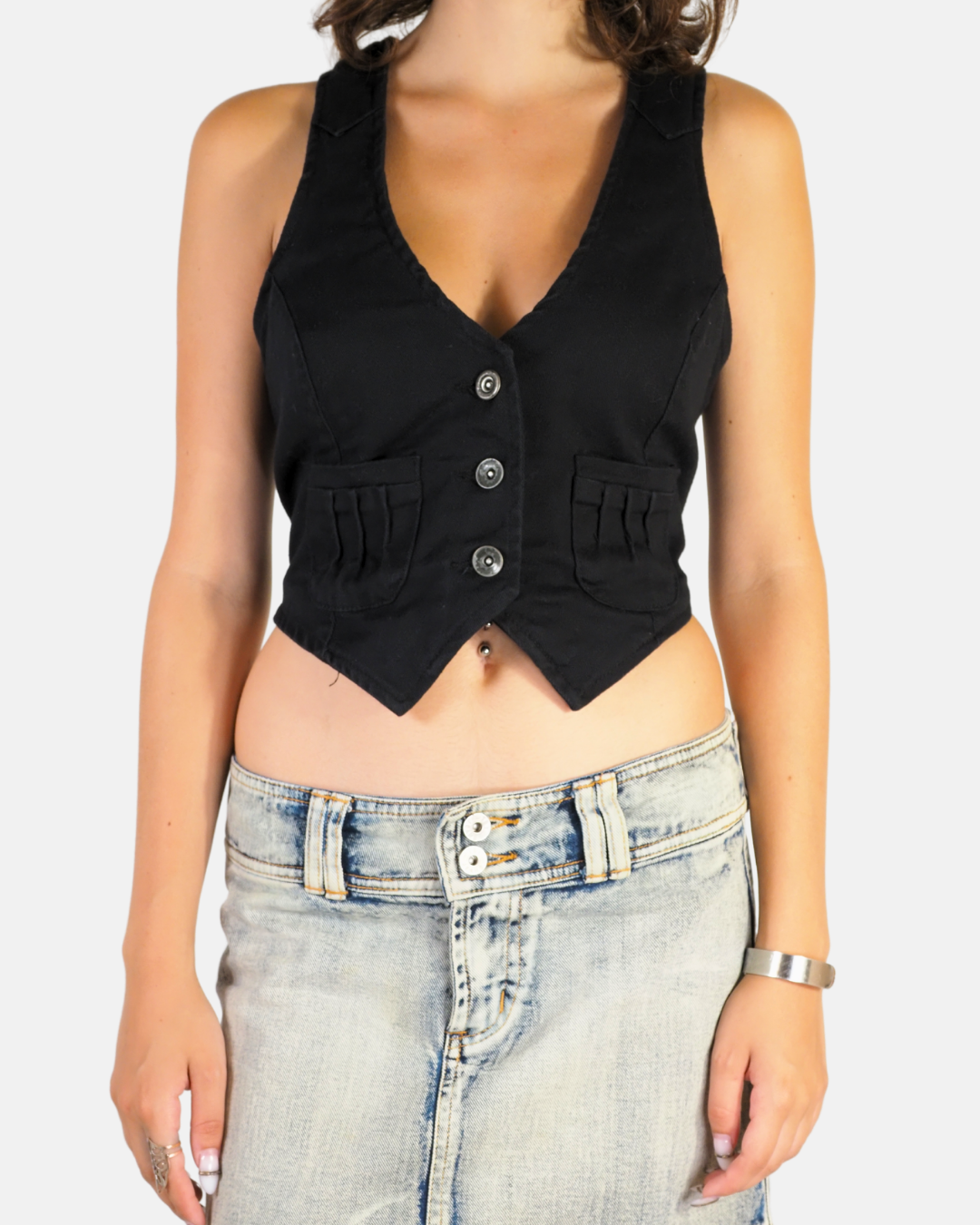 Black Button Up Cropped Waistcoat Top - Terranova
