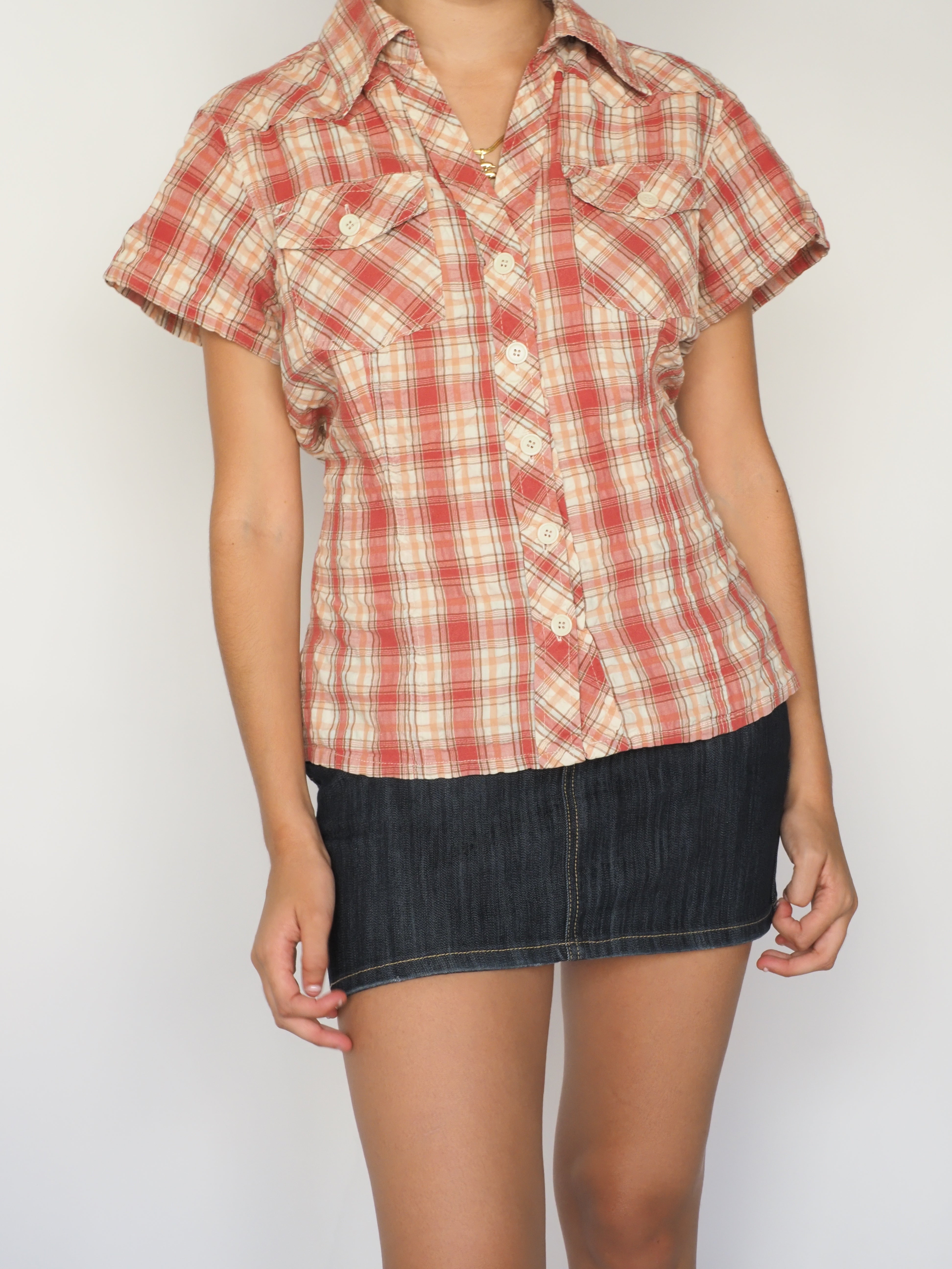 Red & Beige Plaid Button-Up Short Sleeve Shirt – Bay