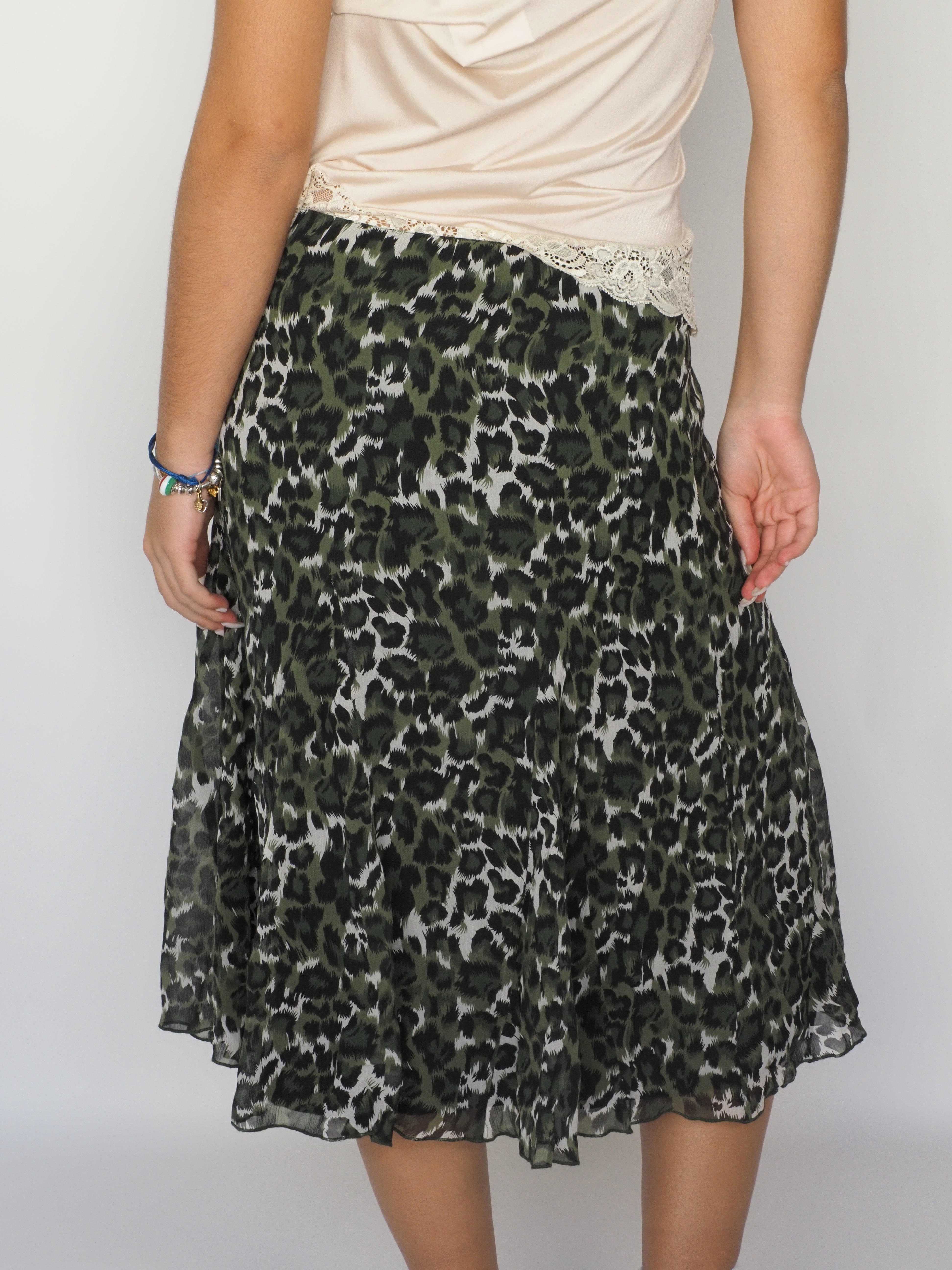 Green Leopard Print Chiffon Midi Skirt