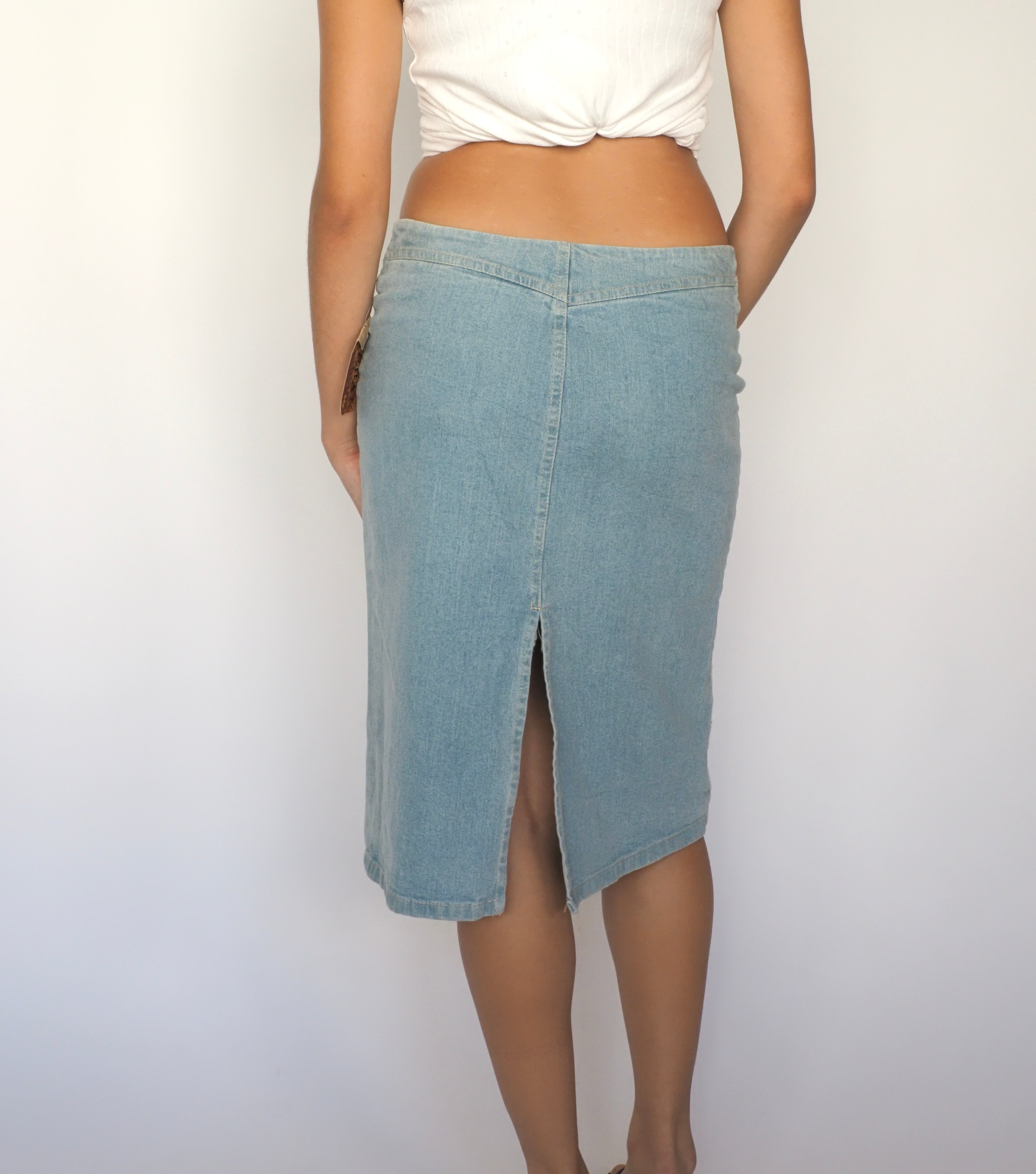 Urban Jeans Light Wash Midi Skirt with Lace-Up Waist & Broderie Panels