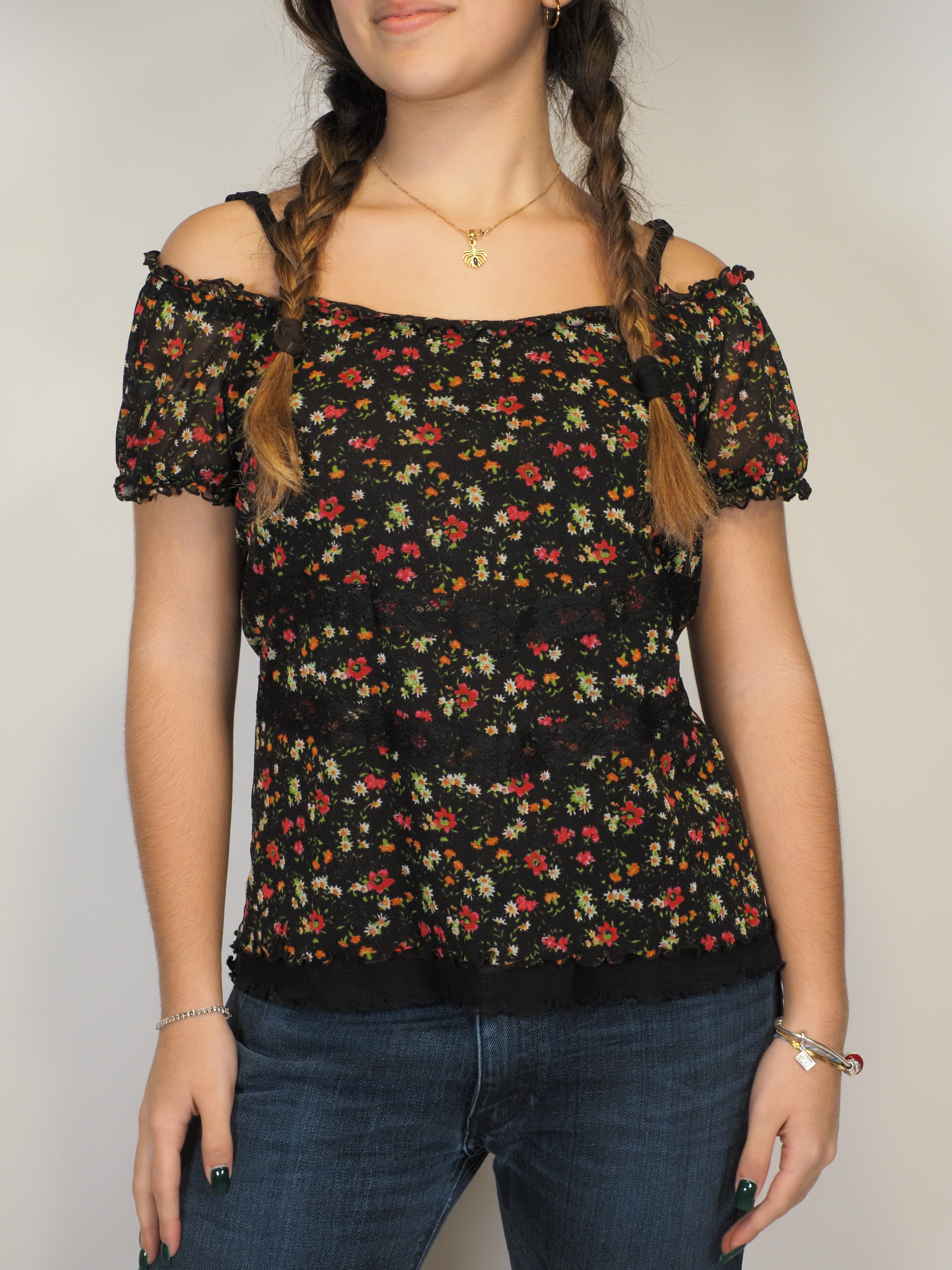 Black Floral Off-Shoulder Mesh Top – Martina Roversi