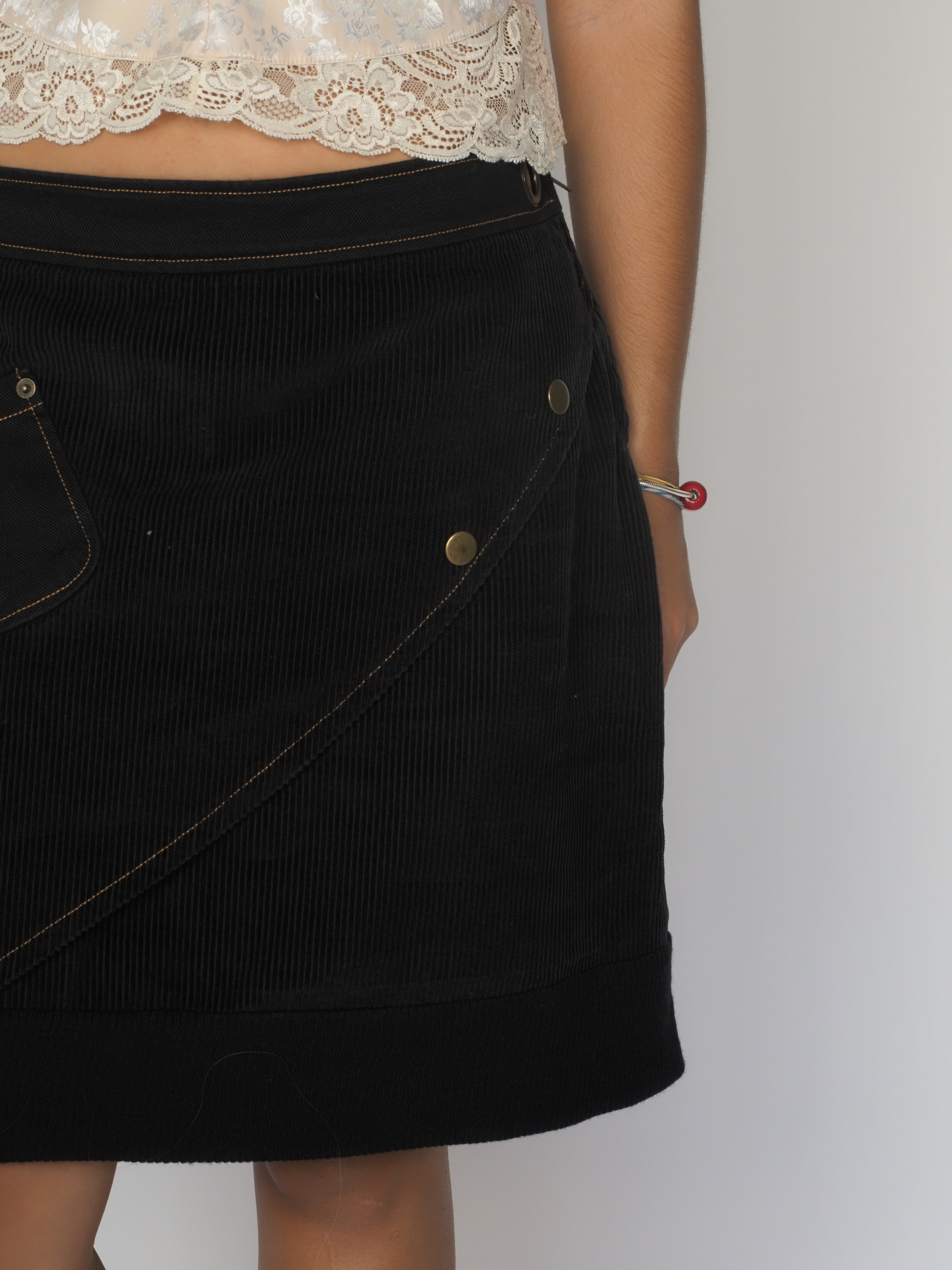 Black Corduroy Utility Skirt with Bronze Snap Buttons – Oviesse