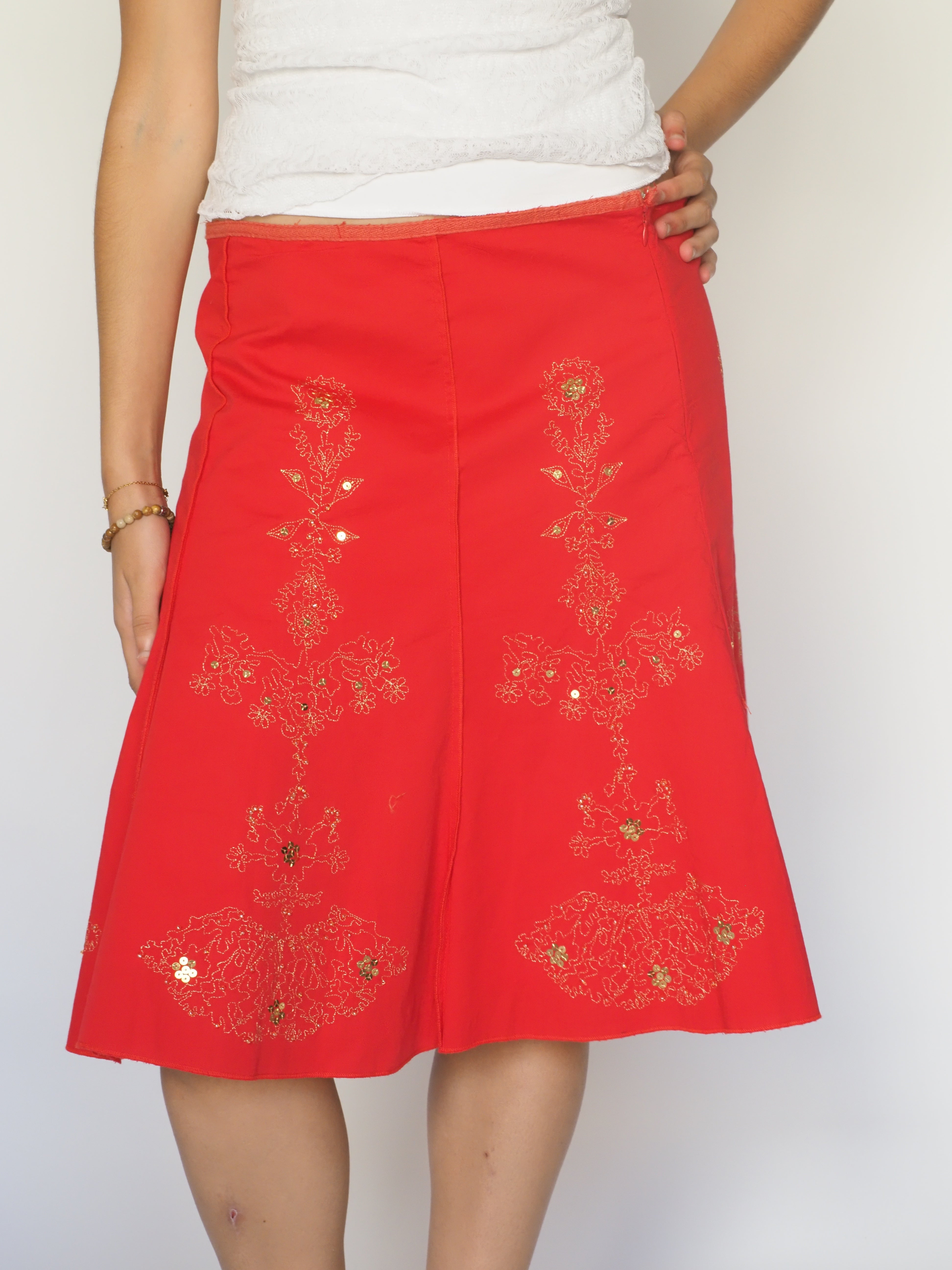 Red Embroidered A-Line Skirt with Gold Sequins – Tanna