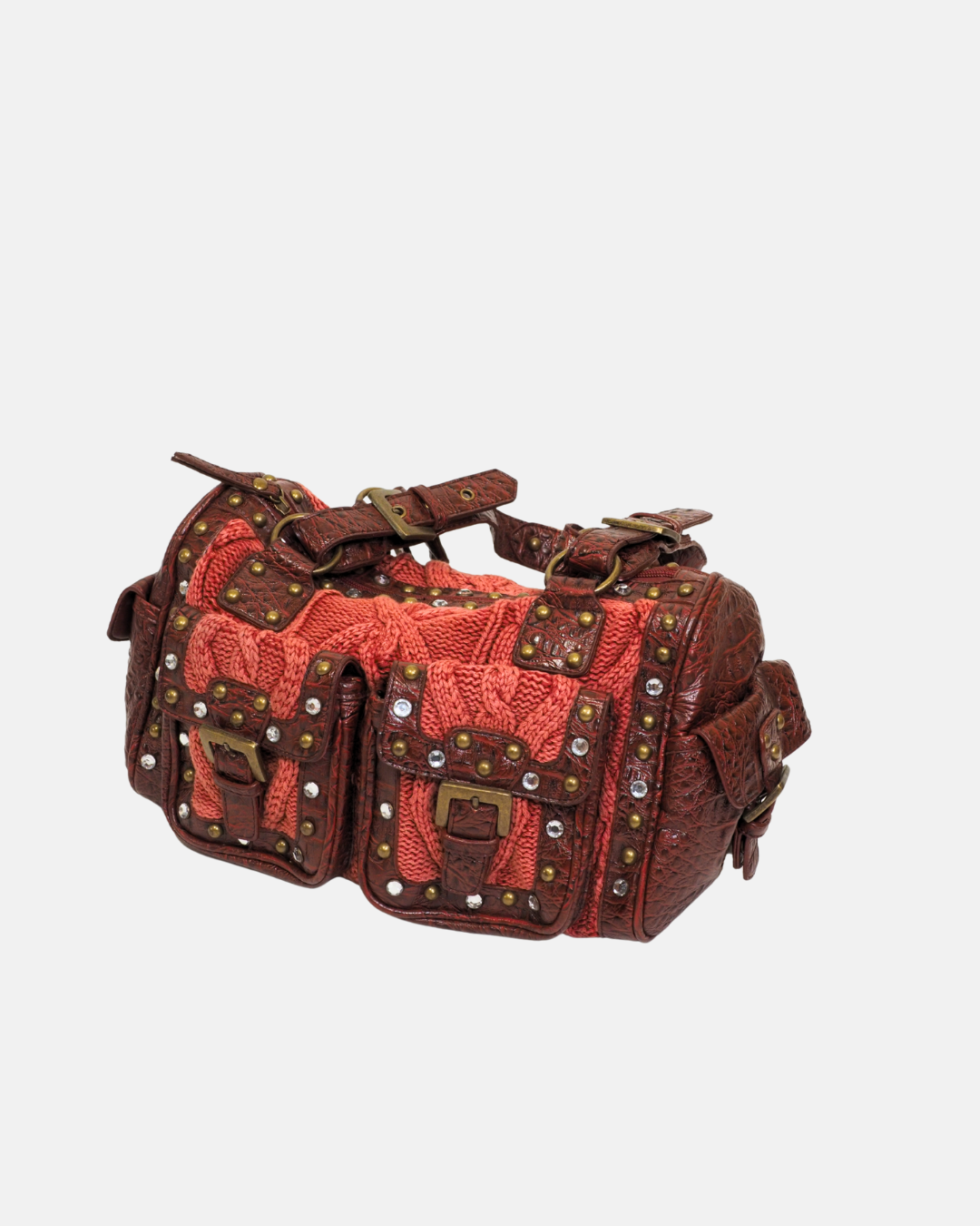 Vintage Y2K Burgundy Knit Studded Utility Handbag