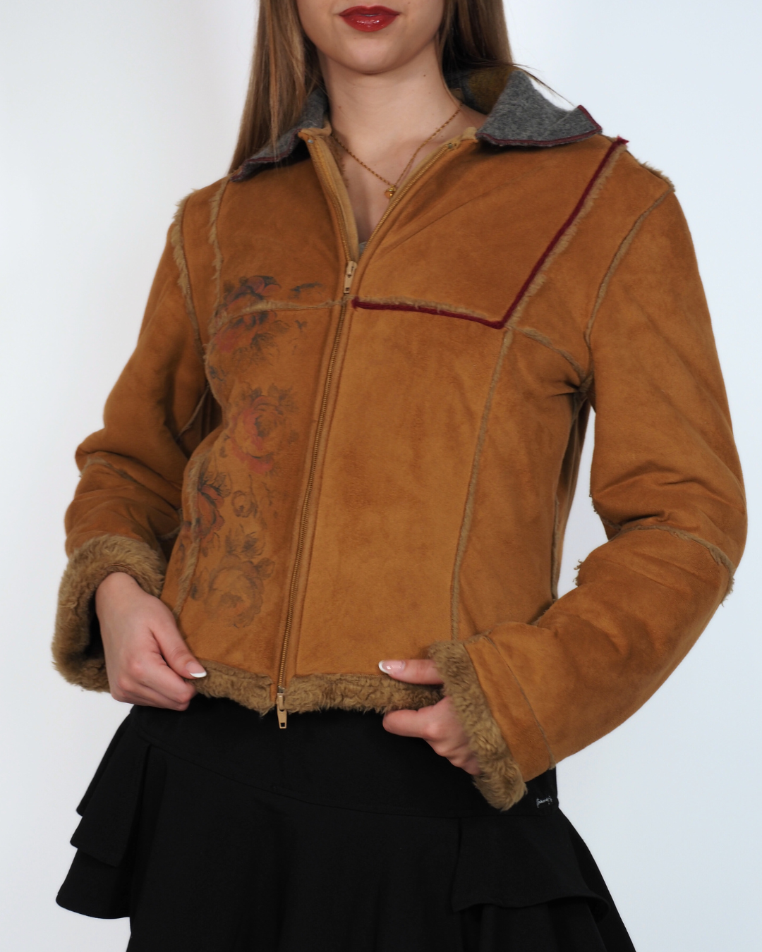 Vintage Chocolat Afghan Fluffy Suede Zip Jacket with Floral Print