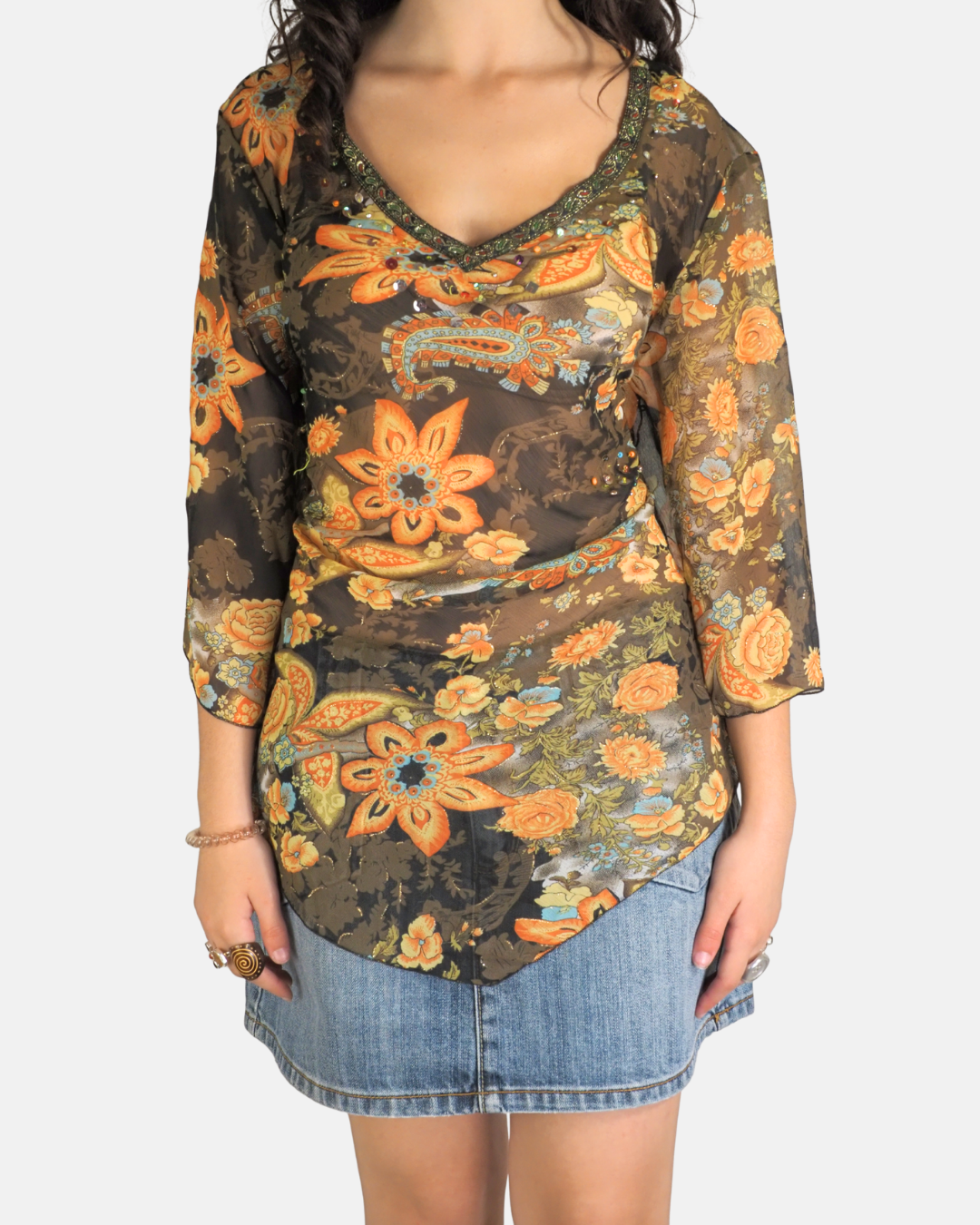 Sheer Floral Embellished Mesh Top - Extra Me