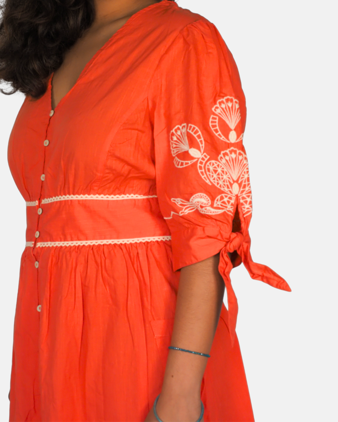 Monsoon Dress in Coral with White Embroidery Design