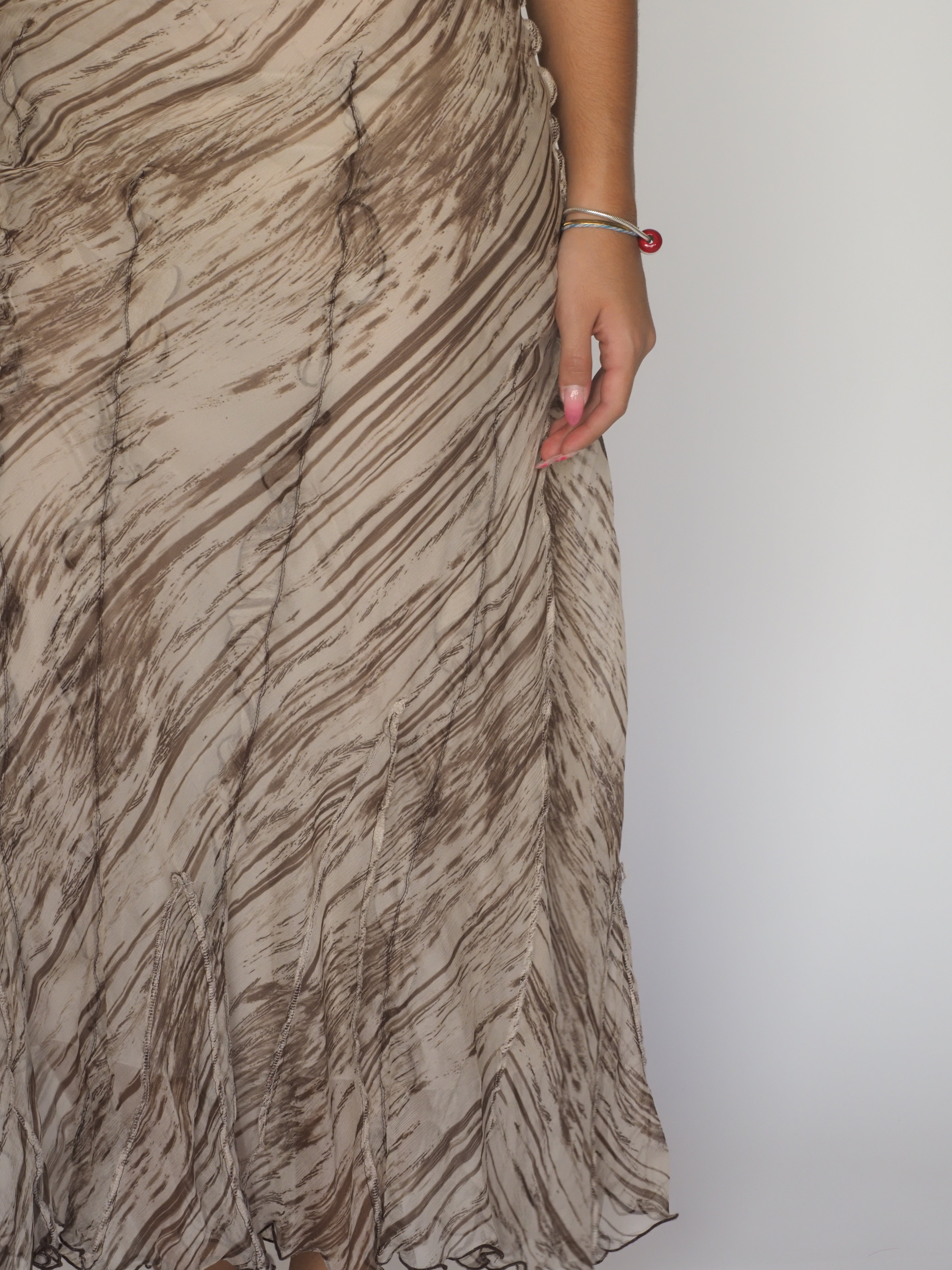 Brown Marble Print Asymmetrical Hem Midi Skirt
