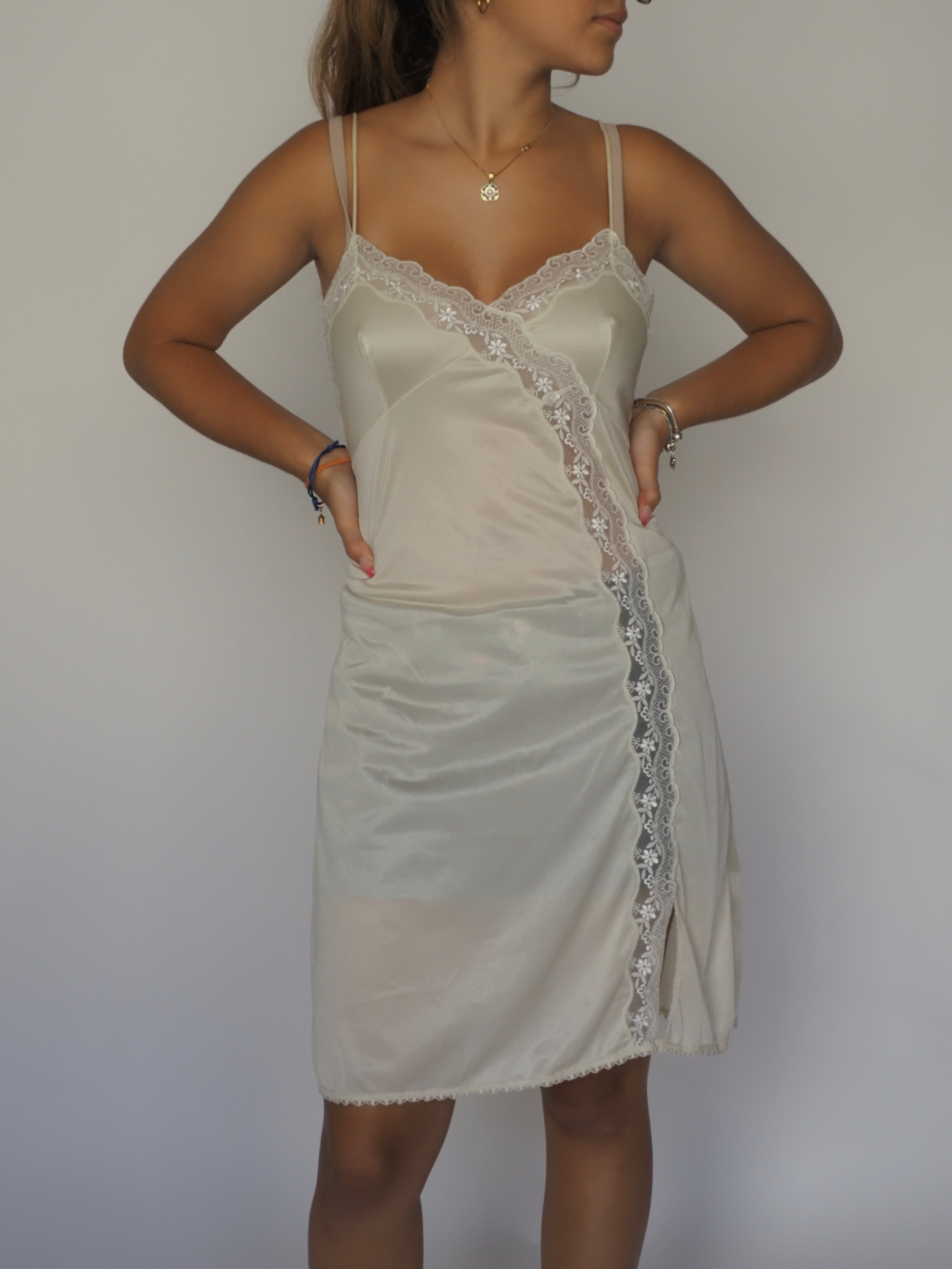 Ivory Satin Slip Dress with Lace Trim – Gafer