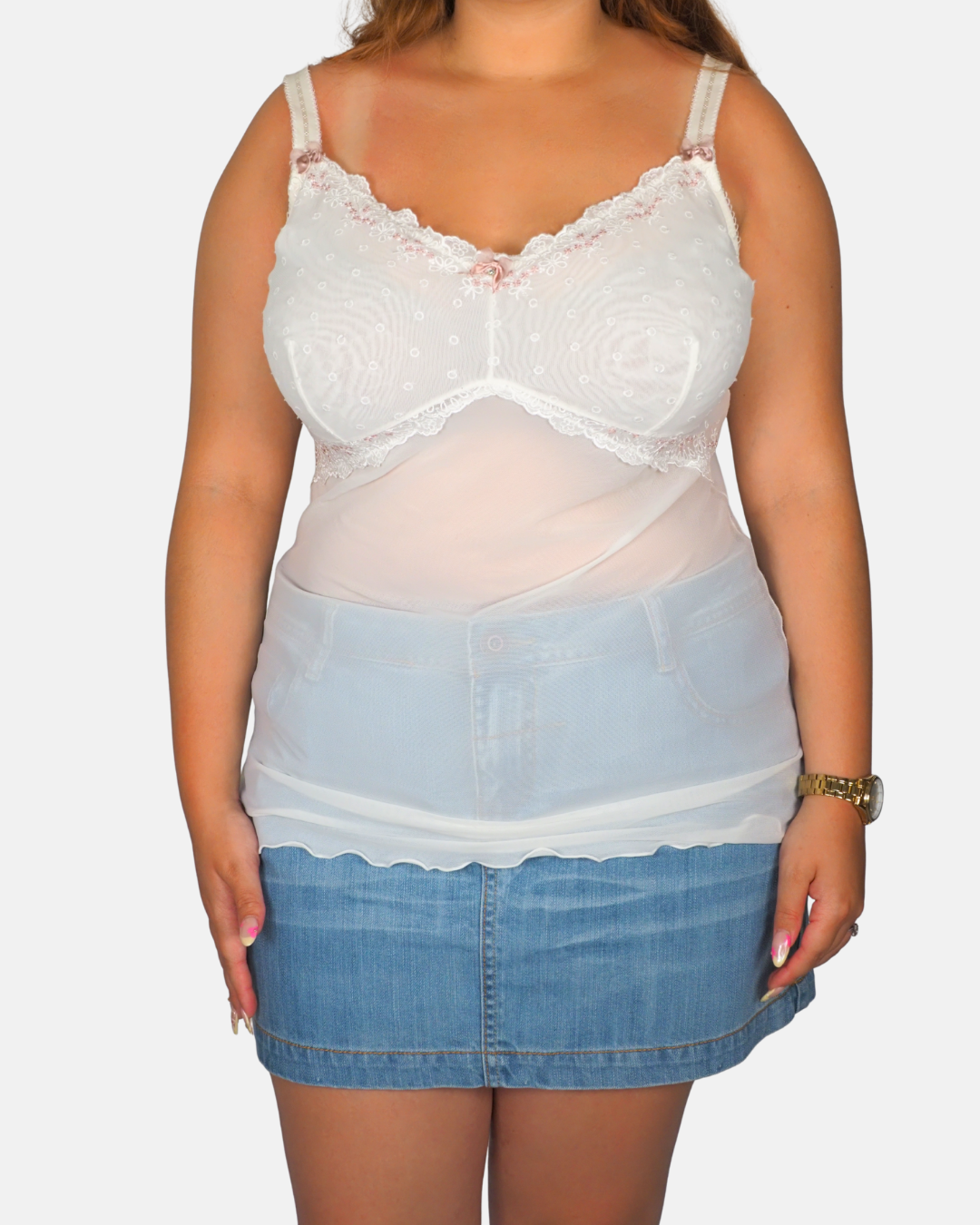 Florange White Sheer Lace Mesh Cami Top