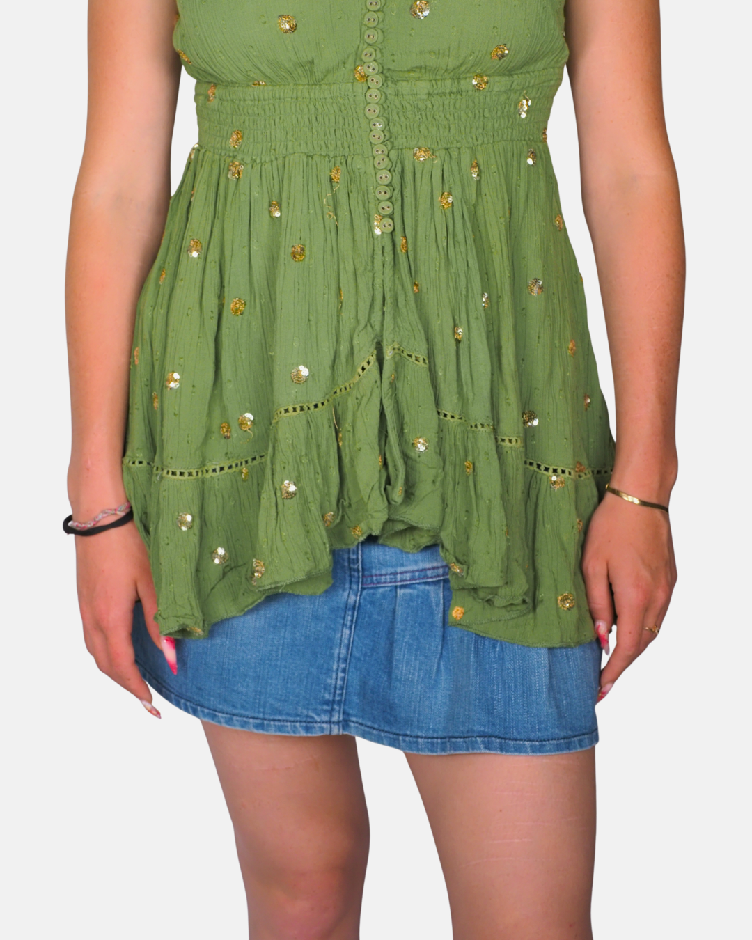 Vintage Olive Sequin Boho Babydoll Top