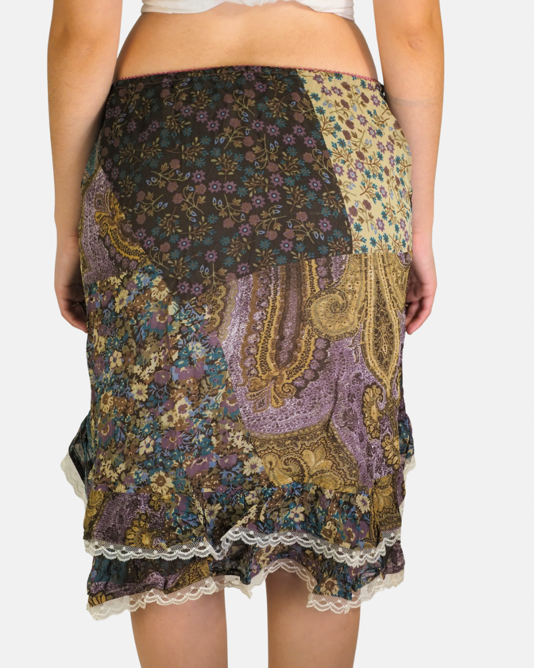 Y2K Patchwork Paisley Lace Ruffle Skirt - Stefanel