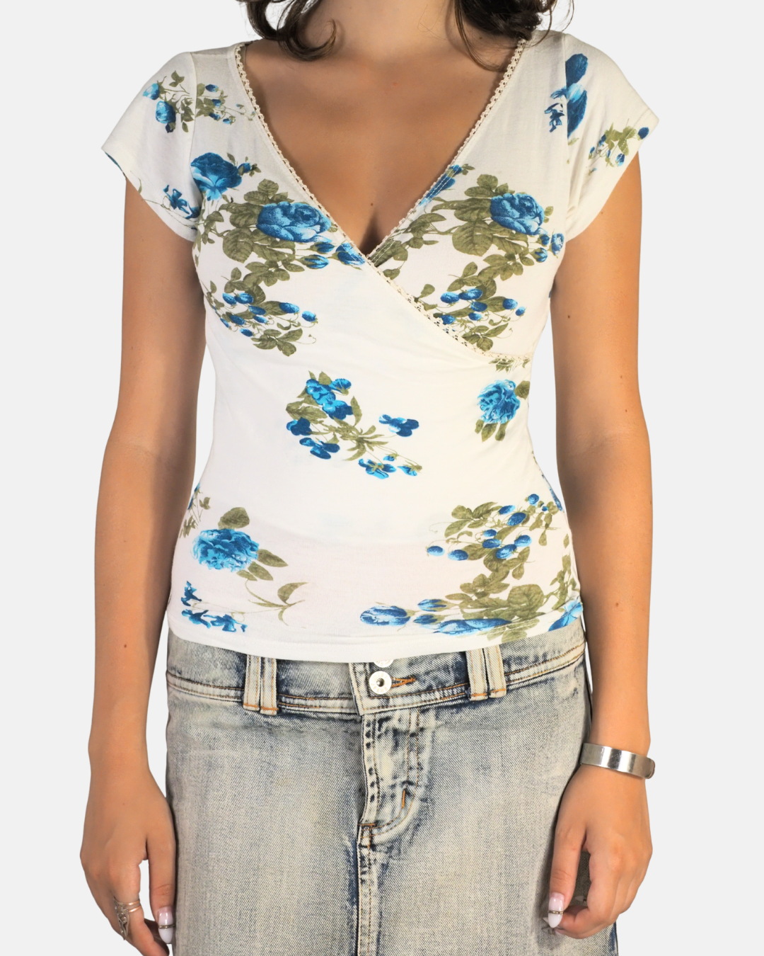 Y2K White & Blue Floral Wrap Top