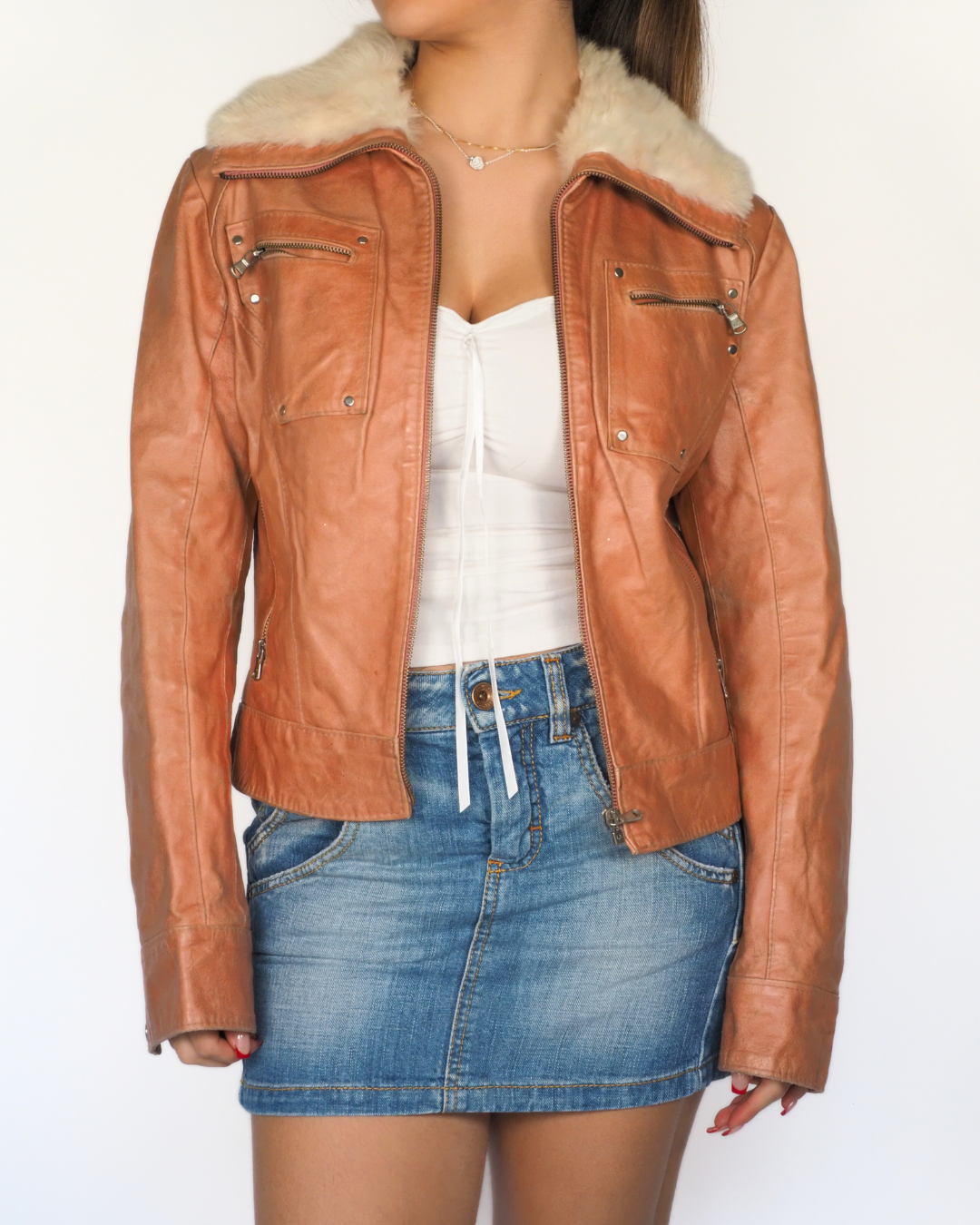 Conbipel Vera Pelle Tan Leather Jacket with Shearling Collar