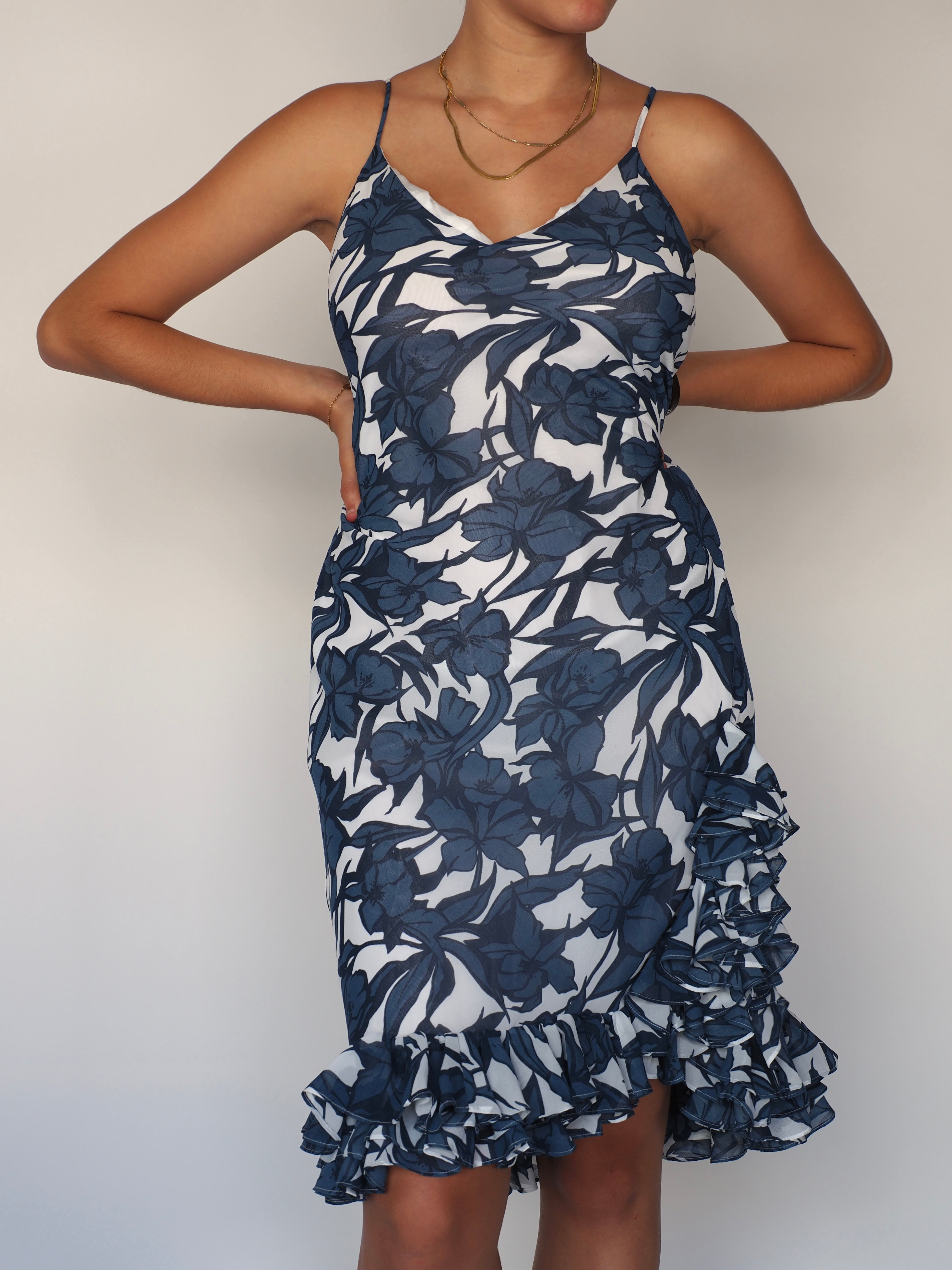 Venus Navy Floral Ruffle-Hem Mesh Midi Dress