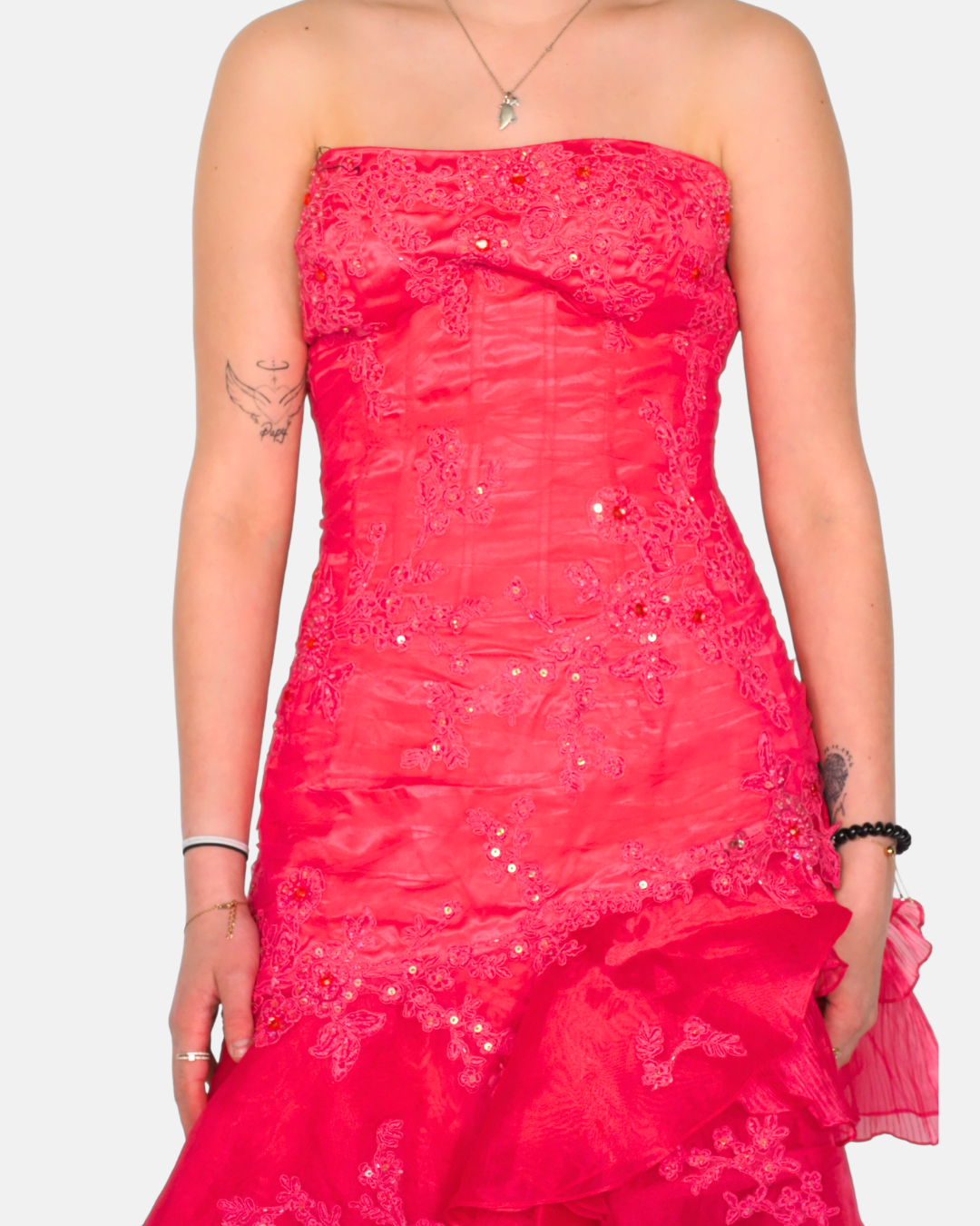 S&M Haute Couture Red Embellished Ruffle Evening Dress