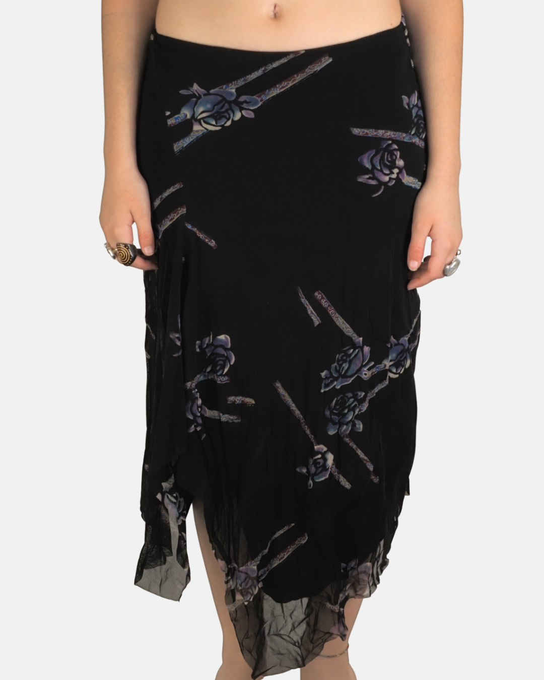 Black Rose Print Asymmetric Midi Skirt - MNG