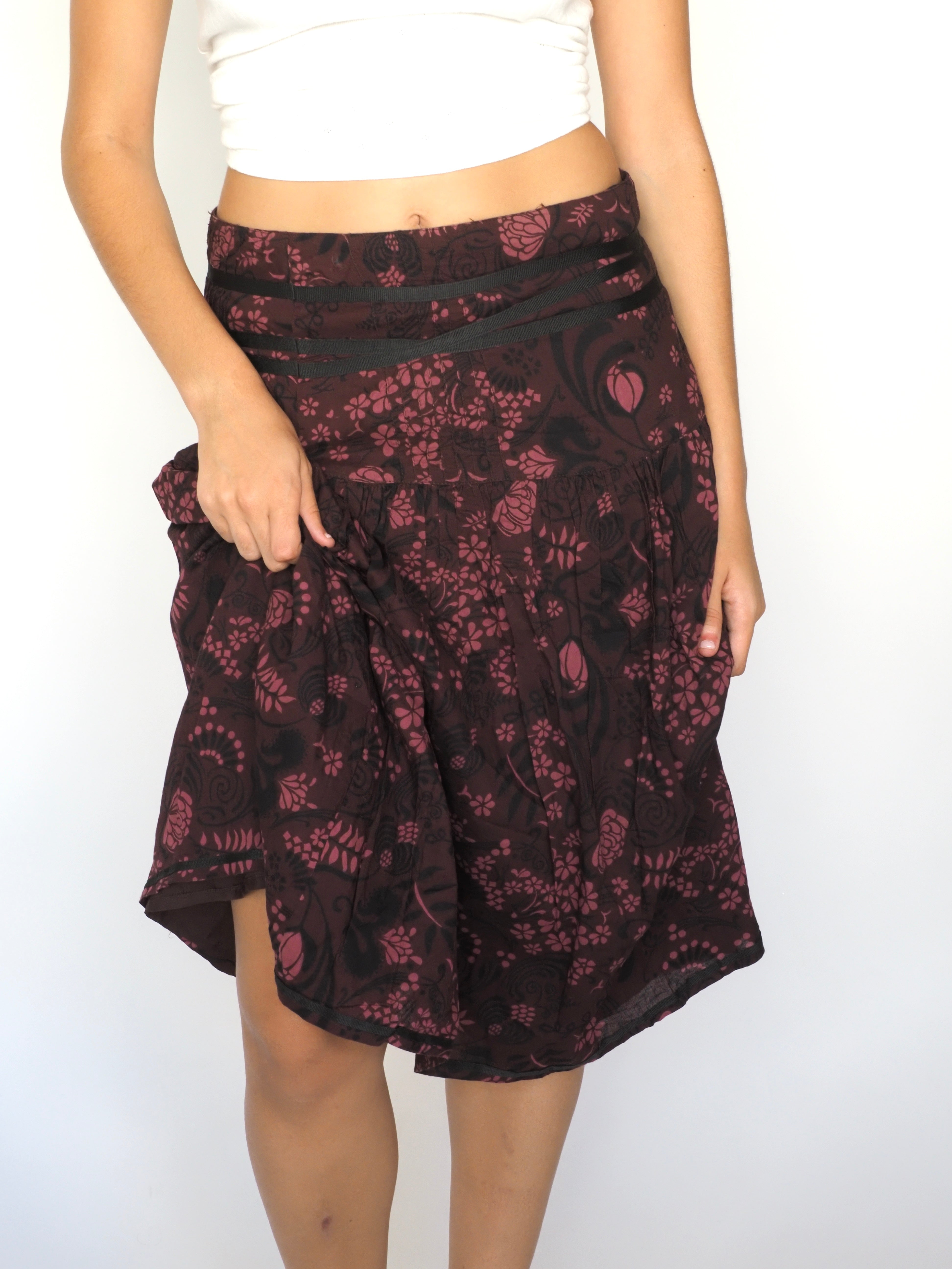 Burgundy & Black Floral Print Midi Skirt – H&M