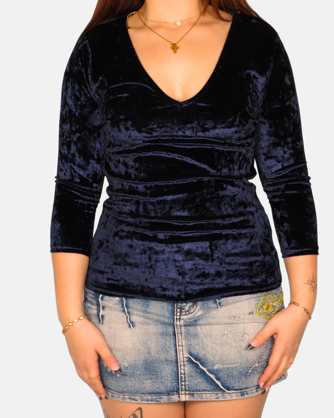 Deep Navy Velvet V-Neck Top by Tally Weijl