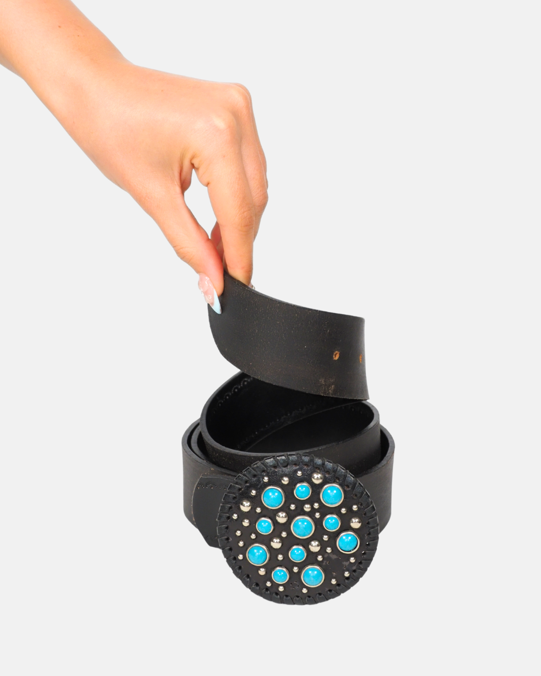 Vintage Black Leather Turquoise Buckle Belt