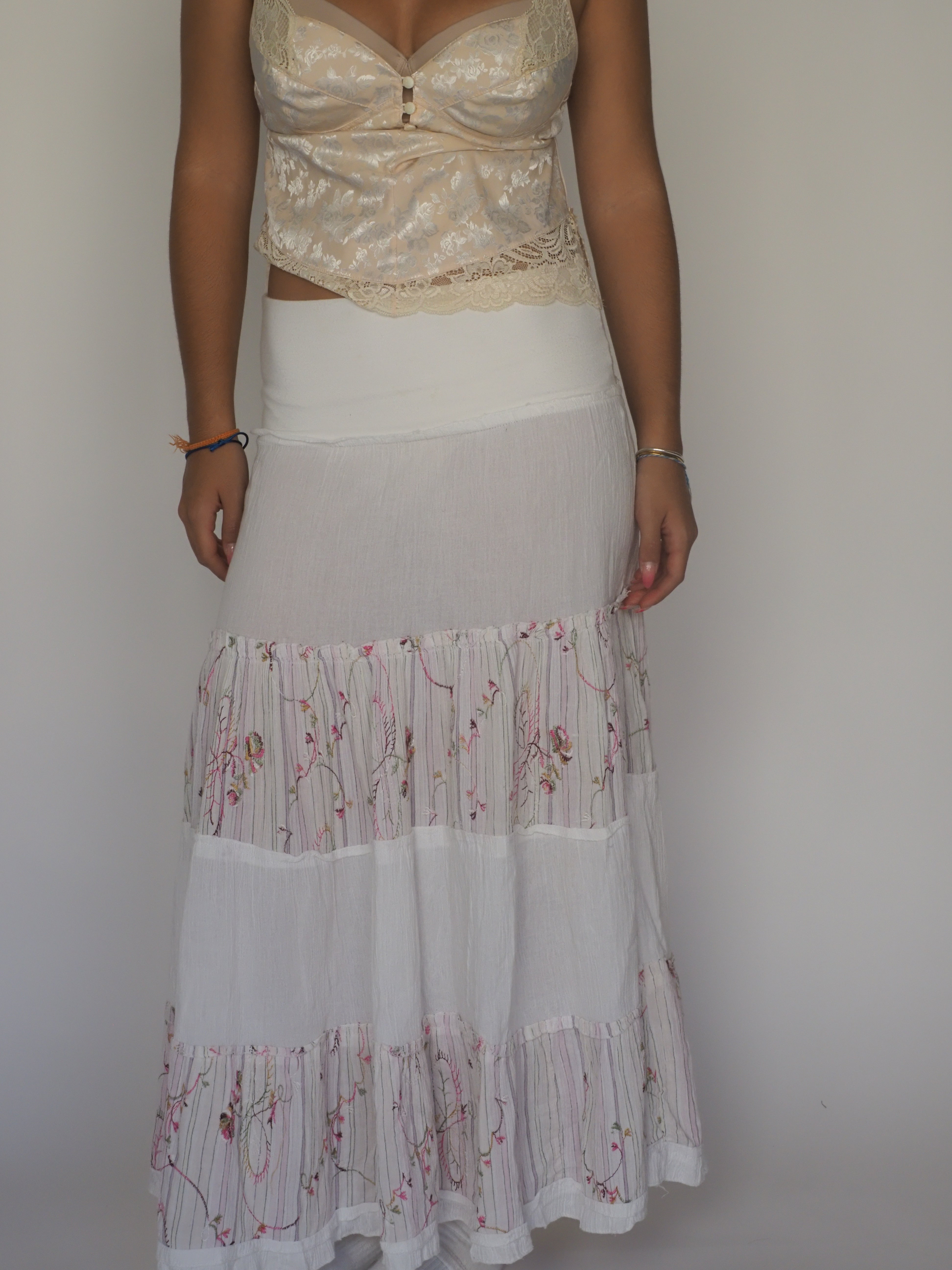 Vintage White Boho Tiered Maxi Skirt with Floral Embroidery