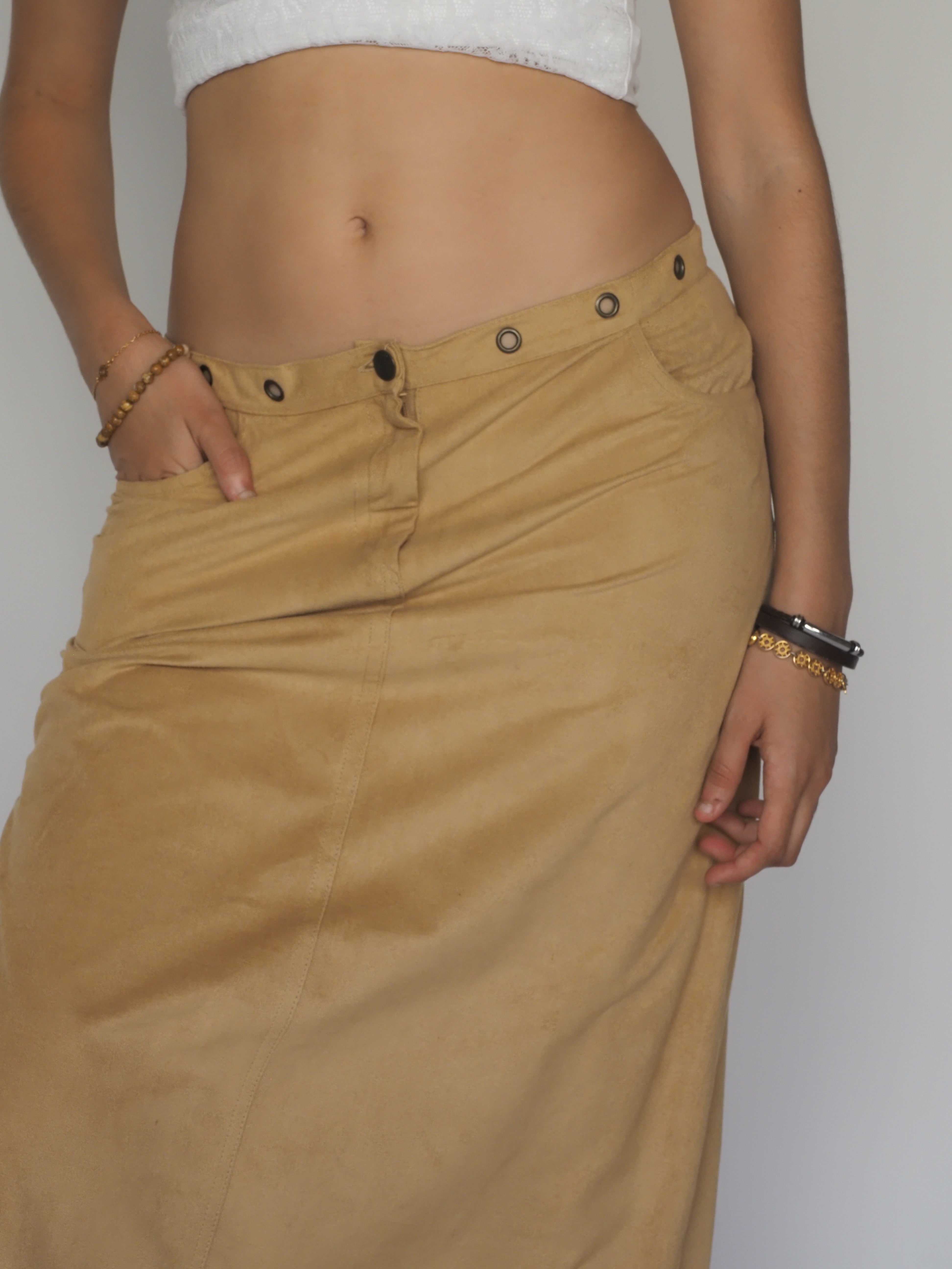 Camel Suede-Look Midi Skirt with Grommet Waistband